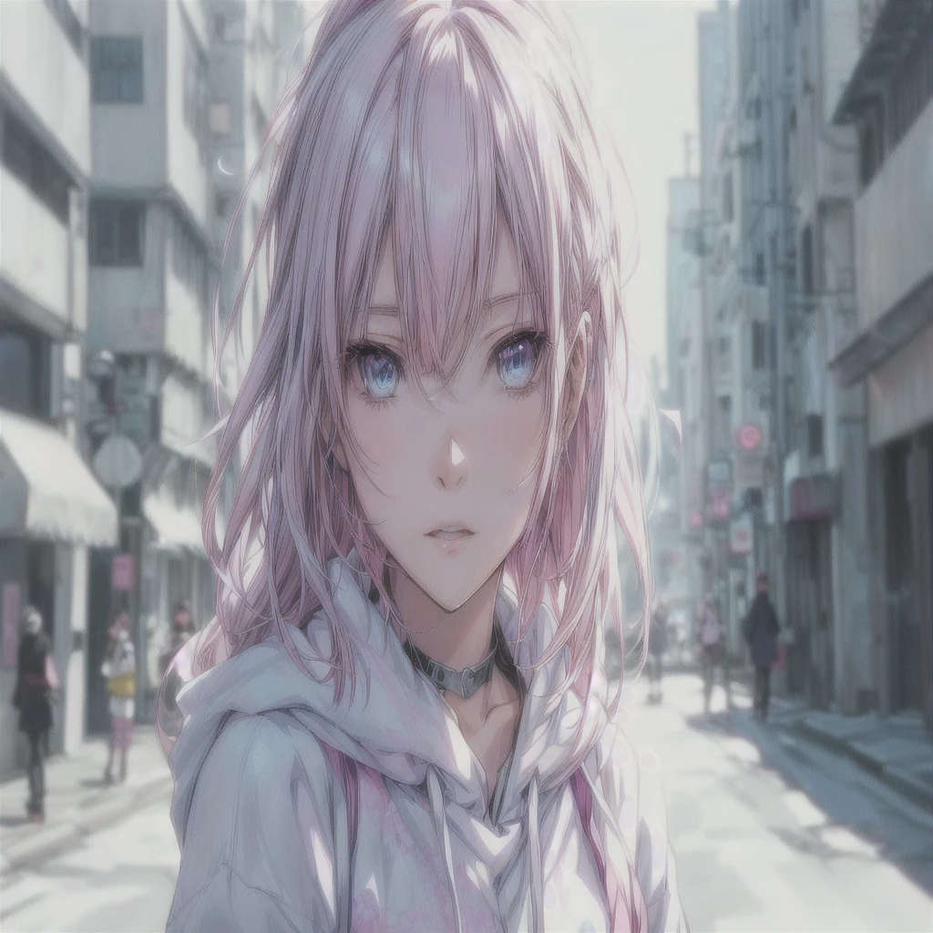 anime girl with pink hair and blue eyes in a city street, anime style 4 k, anime style. 8k, beautiful anime portrait, clean detailed anime style, detailed digital anime art, anime style portrait, detailed portrait of anime girl, realistic anime artstyle, realistic anime art style, artwork in the style of guweiz, guweiz, stunning anime face portrait