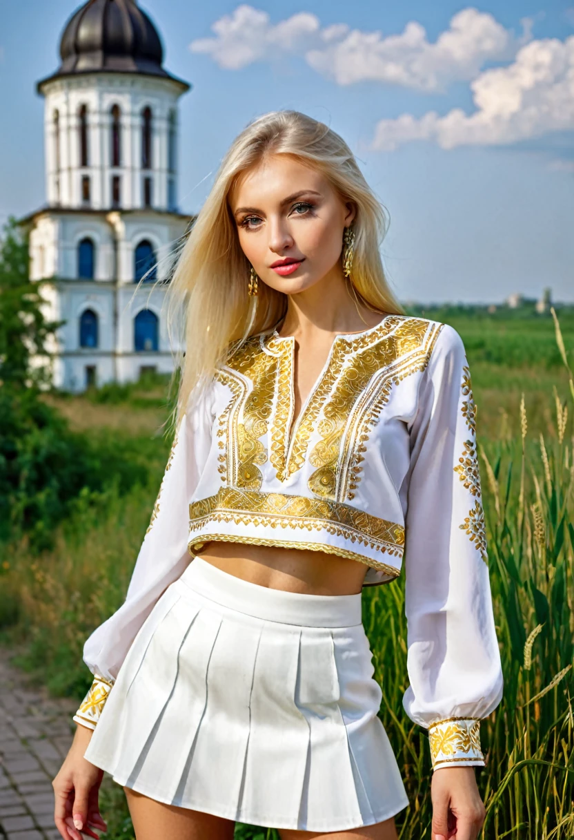 blonde girl, Ukraine, golden blouse with ALVARO embroidery. white, gold mini skirt,