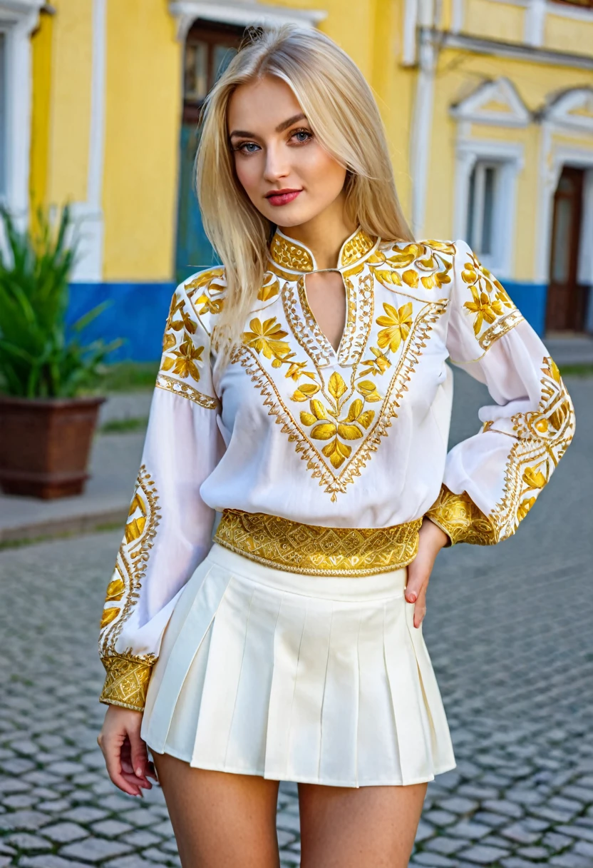 blonde girl, Ukraine, golden blouse with ALVARO embroidery. white, gold mini skirt,