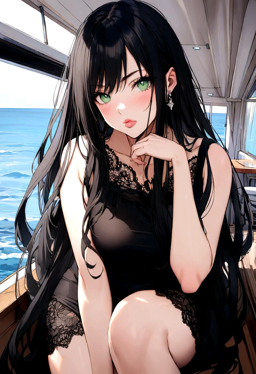 19 year old girl, very pretty, black hair and slanted green eyes, round and thick lips similar to Megan Fox, very long hair on a yacht