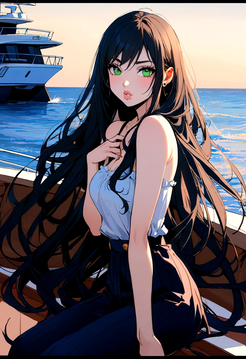 19 year old girl, very pretty, black hair and slanted green eyes, round and thick lips similar to Megan Fox, very long hair on a yacht