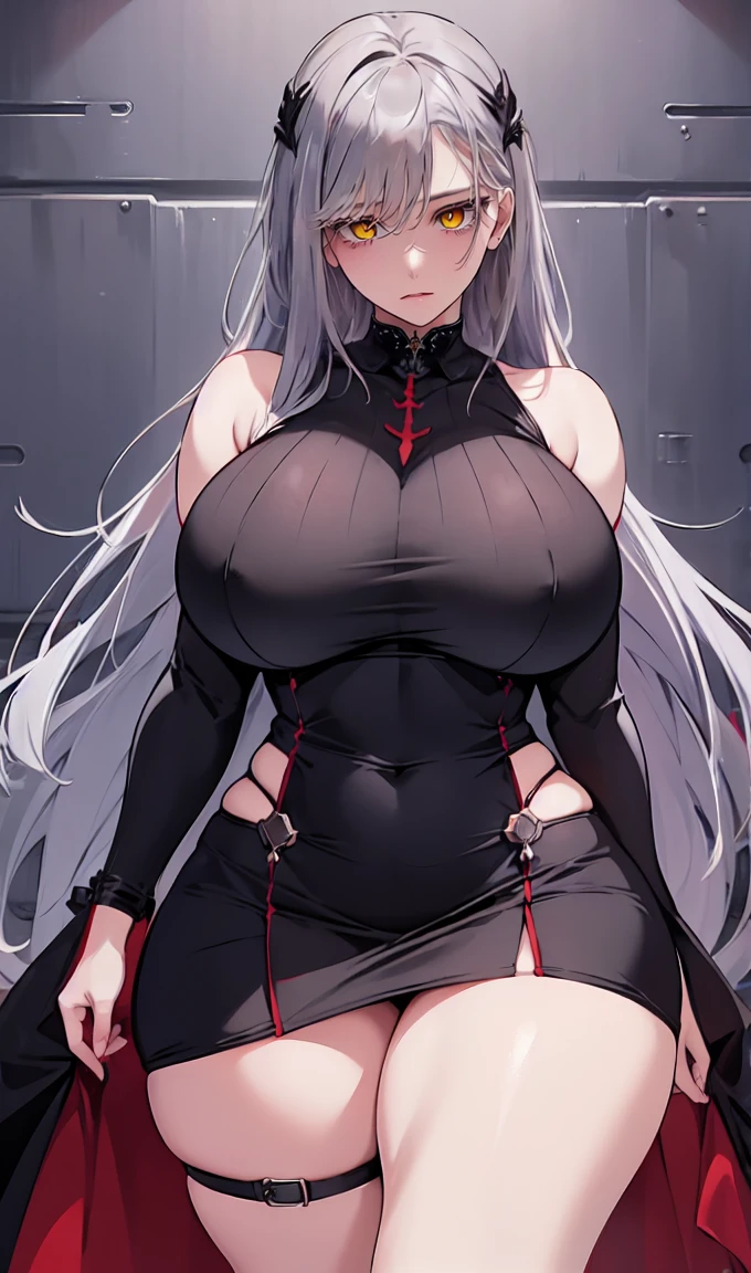 1girl, solo,lips, female focus, red eyes, looking at viewer, gray hair, long hair, closed mouth, ((Wide hips, thick thighs, massive huge breasts)), black dress, dresspants