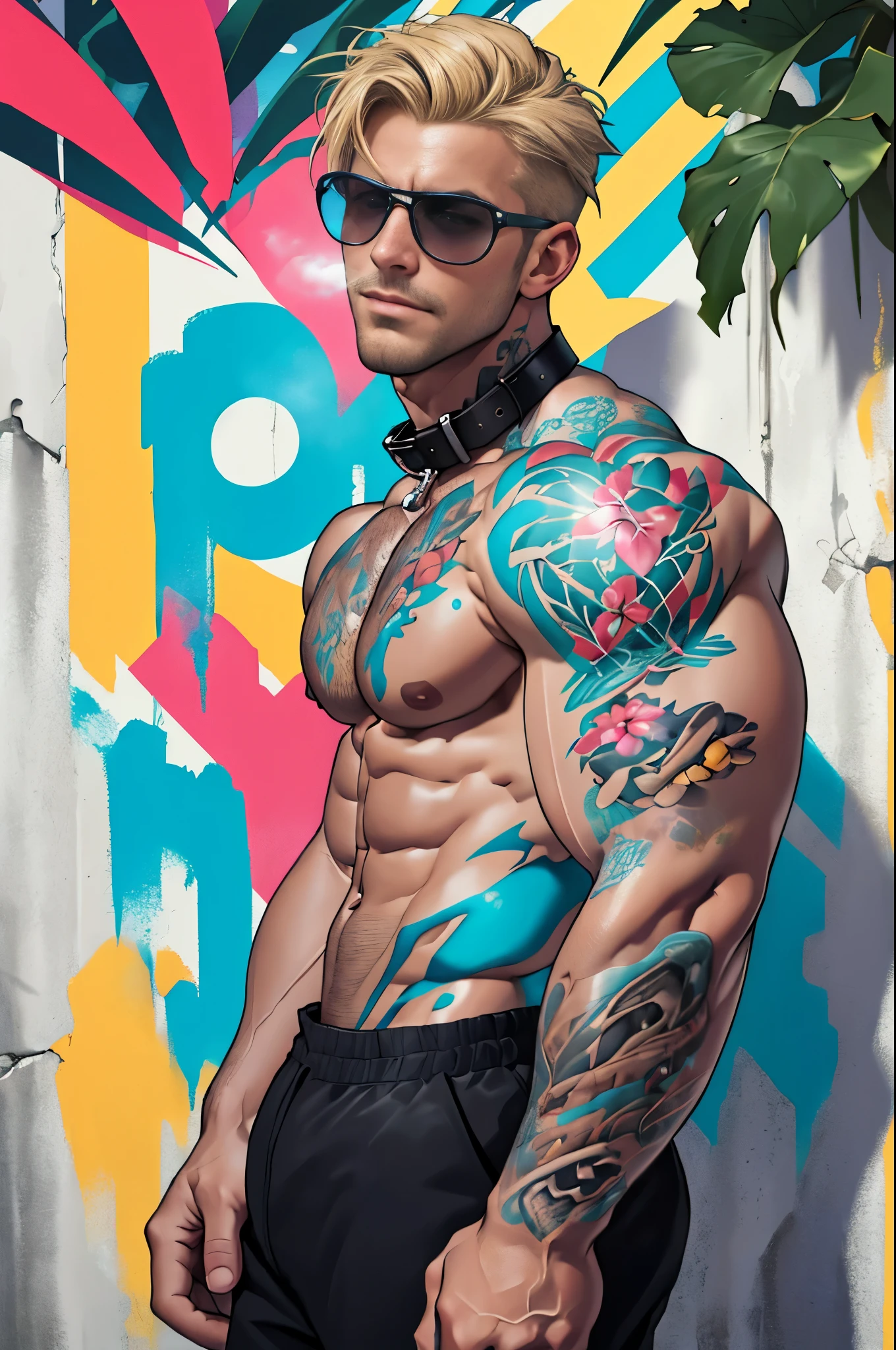 lifelike,(masterpiece,top quality,best quality,official art),Very detailed,rich and colorful,most detailed,God,shorter hair,blonde,Handsome man,Collar,Shirtless,suburbs,Sun Glasses,muscle,Chest muscles,tattoo,Nipple rings,Tropical plants,street spray paint