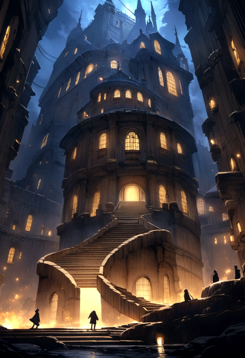 a big old padlock in a night landscape, with two small people on top carrying a key, and the lock is like a passage with a staircase and a light coming out of it