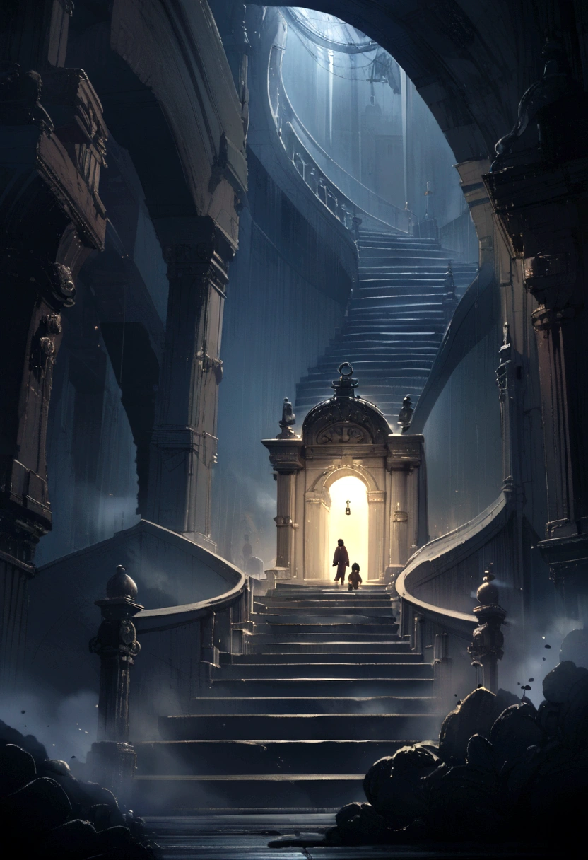 a big old padlock in a night landscape, with two small people on top carrying a key, and the lock is like a passage with a staircase and a light coming out of it