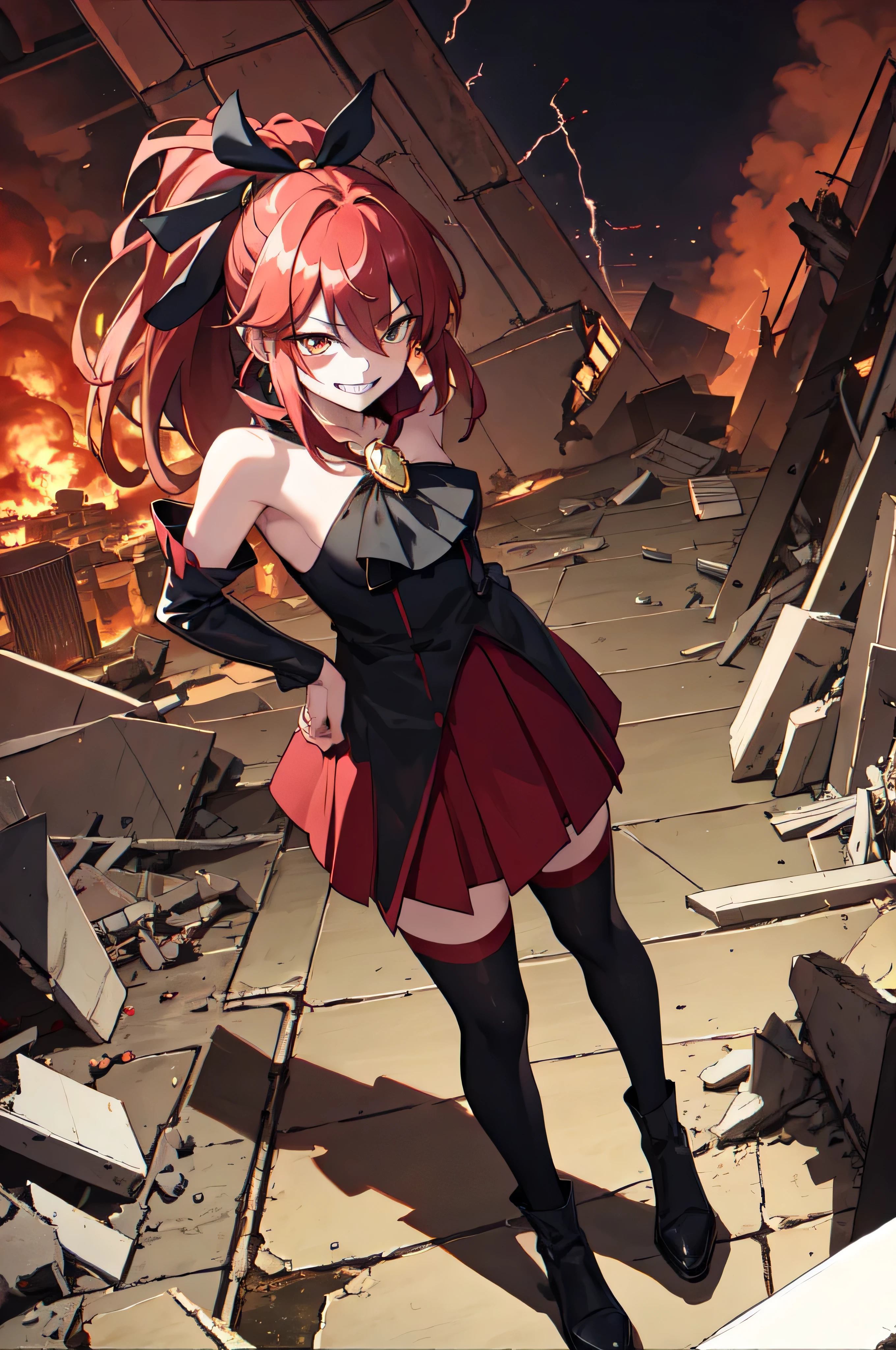 Highest quality, masterpiece, One Girl,Not beautiful, Red Ponytail, Long dress, brooch, Hair Ribbon, - Elbow hand pockets, Black knee socks, Standing on the rubble,Red cityscape, (Wicked Smile:1.1), ,,Dark shadowed face,Sadistic smile,Malice,Contempt,smile,latex,Bad face,,Red Skirt,Raging Thunder



