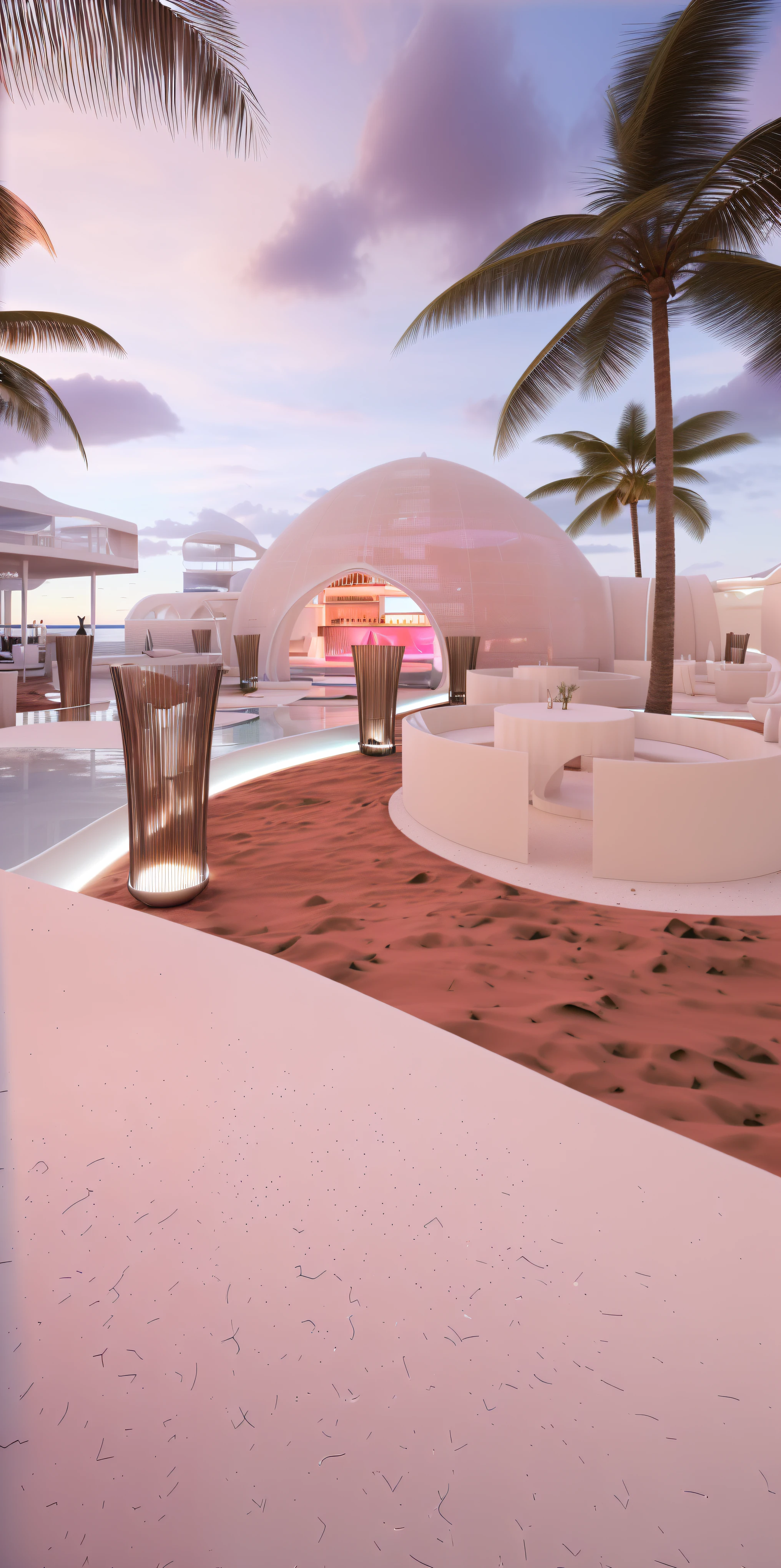 （masterpiece, best quality, high quality, Extremely detailed CG Unity 8K wallpaper, Realistic photos, Depth of Field）, There is a white building，There is a swimming pool and a bar in the middle, beach bar, Ibiza dance inspiration, futuristic marrakech, In a futuristic desert palace, seashell house, Futuristic Dome, a Digital Renderinging, In the seaside environment, futuristic marrakech morocco, Detailed scenario, V-Ray, V-Ray, Digital Renderinging, Digital Rendering, Futuristic Background