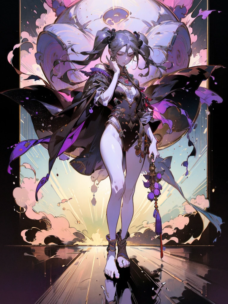 Perfect Proportions, Anatomically correct, (Head to Toe: 2.0), (Full body image: 2.0), alone,Highly stylized, Deviant art, masterpiece, Very detailed, Fine grain, expressive Fine grain, Detailed pupil, Futuristic,woman、clown、(balloon、mahjong)、Full body portrait、(clownメイク) 、Purple and black twin tails、
, Full body image, Full Body Shot, nvInkpunk,_skarsgard, Tassel, big beads, (大きなTassel), cyber punk, Inkpunk, Paint tray, Ink splash, (Action pose:1.0),