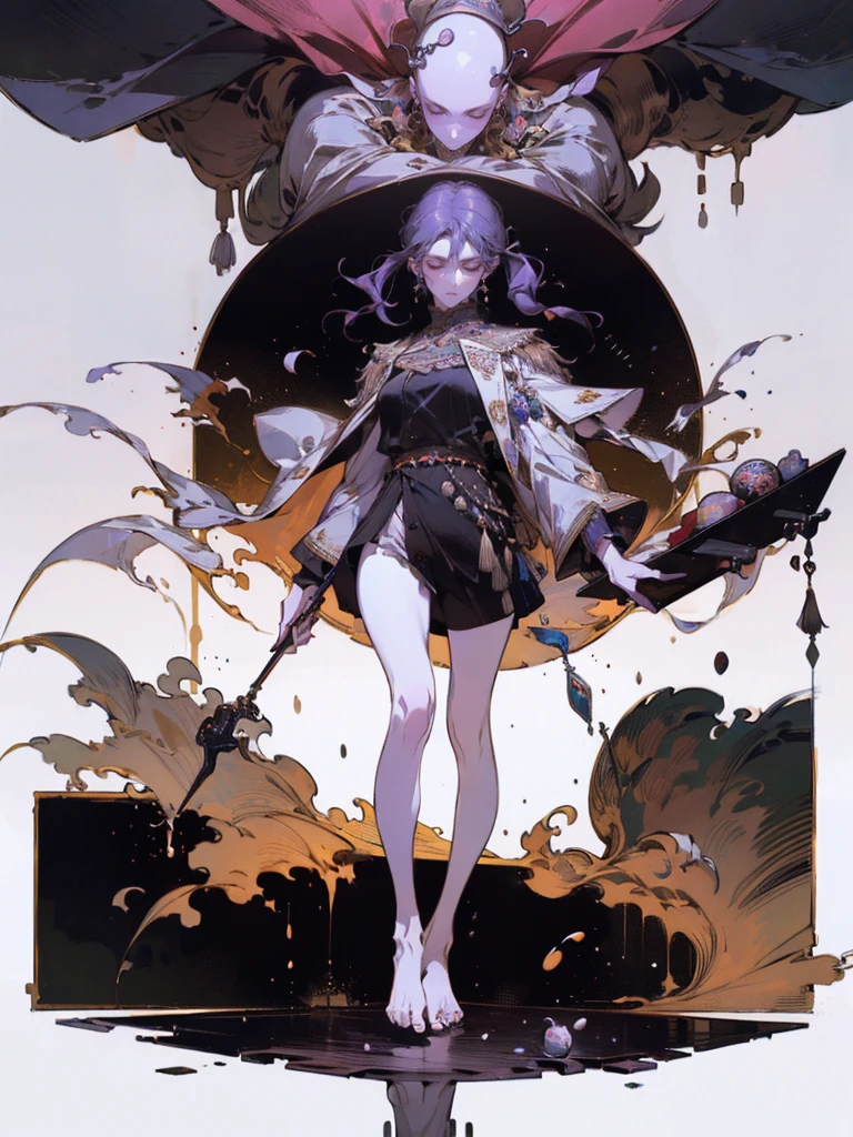 Perfect Proportions, Anatomically correct, (Head to Toe: 2.0), (Full body image: 2.0), alone,Highly stylized, Deviant art, masterpiece, Very detailed, Fine grain, expressive Fine grain, Detailed pupil, Futuristic,woman、clown、(balloon、mahjong)、Full body portrait、(clownメイク) 、Purple and black twin tails、
, Full body image, Full Body Shot, nvInkpunk,_skarsgard, Tassel, big beads, (大きなTassel), cyber punk, Inkpunk, Paint tray, Ink splash, (Action pose:1.0),