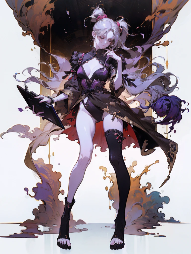 Perfect Proportions, Anatomically correct, (Head to Toe: 2.0), (Full body image: 2.0), alone,Highly stylized, Deviant art, masterpiece, Very detailed, Fine grain, expressive Fine grain, Detailed pupil, Futuristic,woman、clown、（balloon、mahjong）、Full body portrait、(clownメイク) 、Purple and black twin tails、
, Full body image, Full Body Shot, nvInkpunk,_skarsgard, Tassel, big beads, (大きなTassel), cyber punk, Inkpunk, Paint tray, Ink splash, (Action pose:1.0),