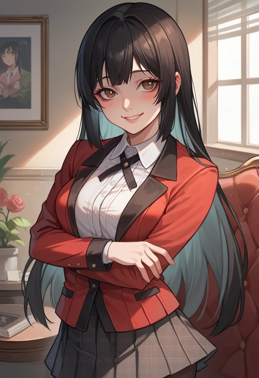 Yumeko Jabami, 4k, absurd, high resolution, very high resolution, high definition, masterpiece, black hair, long hair, brown eyes, lips, blush, solo, V arms, , jacket, red jacket, white shirt, black ribbon, skirt, black skirt, pleated skirt, black pantyhose, interior, smile