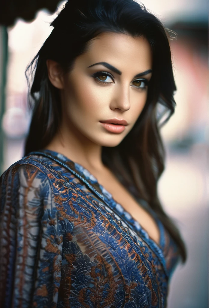 An amazing portrait of a beautiful brunette woman in dark dress, dark brown eyes, dark hair, straight hair, ponytail, great facial feature, perfect eyes, ultra realistic eyes, perfect face, perfect body, cinematic, color analog film photo, intimate posing, realistic hair, ((Perfect Face)), ((Sexy Face)), full shot of a sexy beautiful girl, Photograph, photorealistic, Evocative Pose, ((cute)), sexy pose, (Looking at Viewer), artgerm, cinematic lighting, very high detailed, foggy background, shot on Fujifilm Superia 400, Short Light, 32k, cinematic composition, professional color grading, film grain, atmosphere, wondrous, very stormy . faded film, desaturated, 35mm photo, grainy, vignette, vintage, Kodachrome, Lomography, stained, highly detailed, found footage , film grain, photography, photoshoot, cinematic lighting, volumetric lighting, insanely detailed, hot, sexy, very seductive, super model, (photorealistic:1.3), (highest quality:1.3), (film grain:1.3), ( world's best photography:1.3), (professional Photo:1.3), (detailed details:1.3), (cinematic light:1.3), ( cinematic color:1.3), maximum depth of field, film photography, ( intricate details:1), (hyperdetailed:1), (((SFW))), ((forward facing)), natural breasts, sexy clothes, beautiful lips, light skin, black hair, braided ponytail, ponytail, closed mouth, expressionless, first-person view, pov, Nikon, depth of field, UHD, masterpiece, anatomically correct, super detail, high details, high quality, award winning, best quality, highres,
