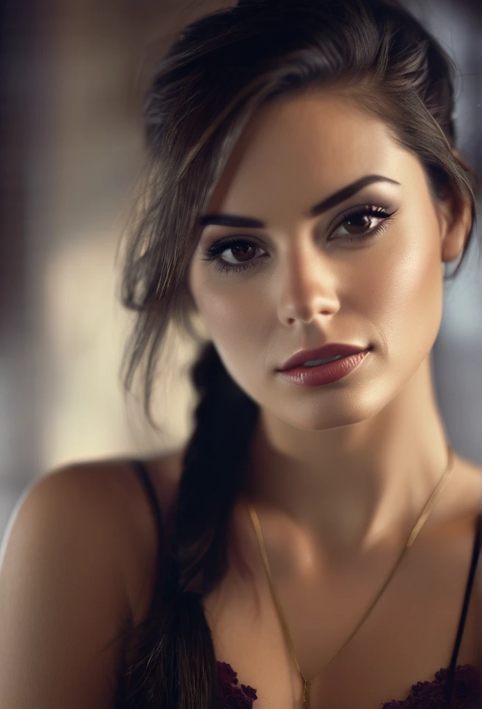 An amazing portrait of a beautiful brunette woman in dark dress, dark brown eyes, dark hair, straight hair, ponytail, great facial feature, perfect eyes, ultra realistic eyes, perfect face, perfect body, cinematic, color analog film photo, intimate posing, realistic hair, ((Perfect Face)), ((Sexy Face)), full shot of a sexy beautiful girl, Photograph, photorealistic, Evocative Pose, ((cute)), sexy pose, (Looking at Viewer), artgerm, cinematic lighting, very high detailed, foggy background, shot on Fujifilm Superia 400, Short Light, 32k, cinematic composition, professional color grading, film grain, atmosphere, wondrous, very stormy . faded film, desaturated, 35mm photo, grainy, vignette, vintage, Kodachrome, Lomography, stained, highly detailed, found footage , film grain, photography, photoshoot, cinematic lighting, volumetric lighting, insanely detailed, hot, sexy, very seductive, super model, (photorealistic:1.3), (highest quality:1.3), (film grain:1.3), ( world's best photography:1.3), (professional Photo:1.3), (detailed details:1.3), (cinematic light:1.3), ( cinematic color:1.3), maximum depth of field, film photography, ( intricate details:1), (hyperdetailed:1), (((SFW))), ((forward facing)), natural breasts, sexy clothes, beautiful lips, light skin, black hair, braided ponytail, ponytail, closed mouth, expressionless, first-person view, pov, Nikon, depth of field, UHD, masterpiece, anatomically correct, super detail, high details, high quality, award winning, best quality, highres,