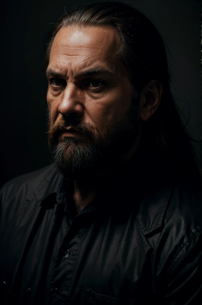 middle aged man with long beard, serious expression, Lenin, petty bourgeoisie, Oil painting, dark colors, dramatic lighting, Chiaroscuro, high contrast, Photorealism, masterpiece, 8K, hyperdetailing, Sharp Focus, cinematic composition, moody atmosphere, dramatic shadows, Warm colors, cool colors