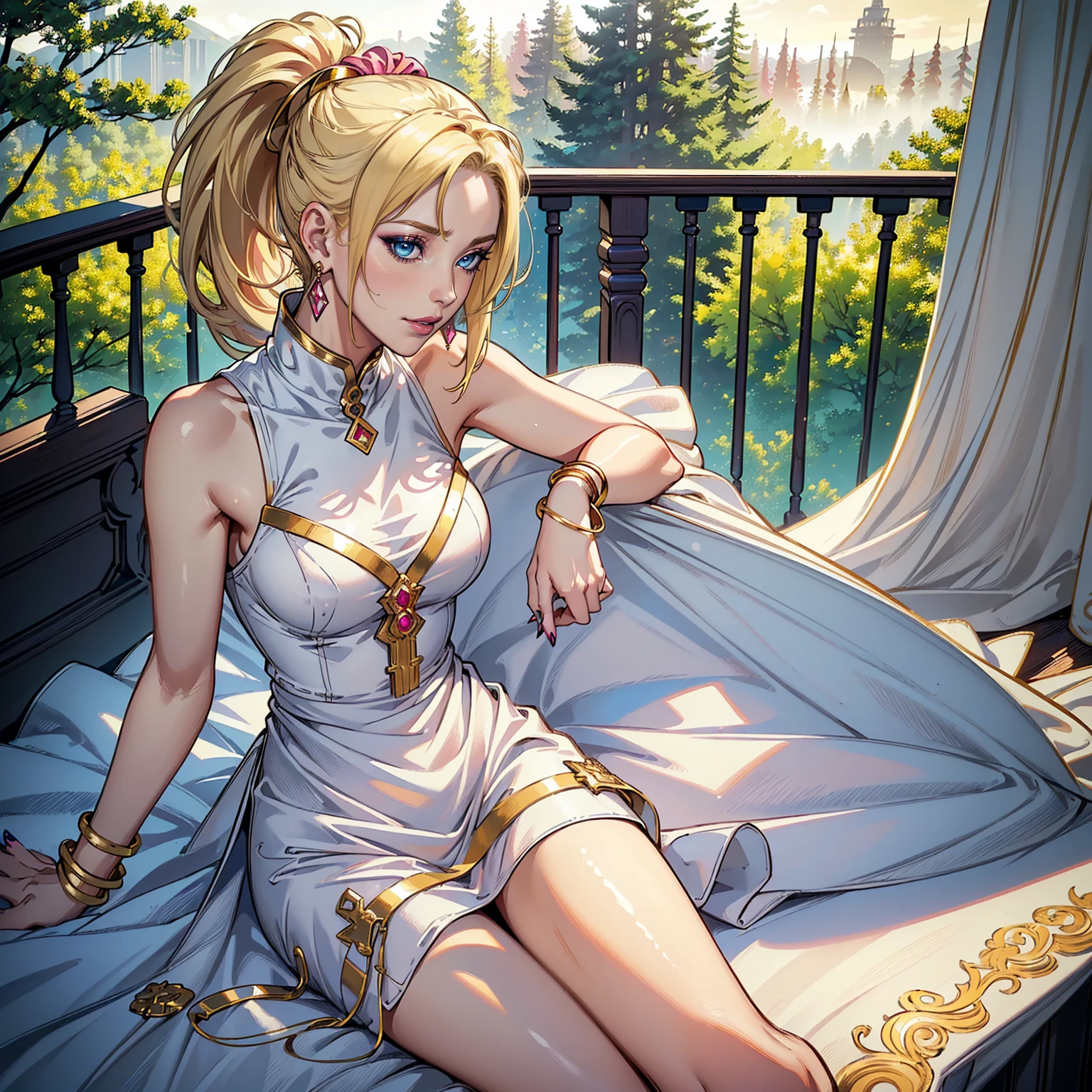 Masterpiece, Professional, High Definition - quality, sharp focus, perfect artwork, Best Illustration, trending on artstation, UHD, 4k, full body, NSFW
((1girl, solo ,alone, ino yamanaka, yamanaka_ino, blue eyes, blonde hair, ponytail, painted nails, gold bracelets, ruby earrings)), ((solo, 1woman, pink lipstick, Extremely detailed, ambient soft lighting, 4k, perfect eyes, a perfect face, perfect lighting, a 1girl)), austere, ((white dress, forest in the background, balcony))