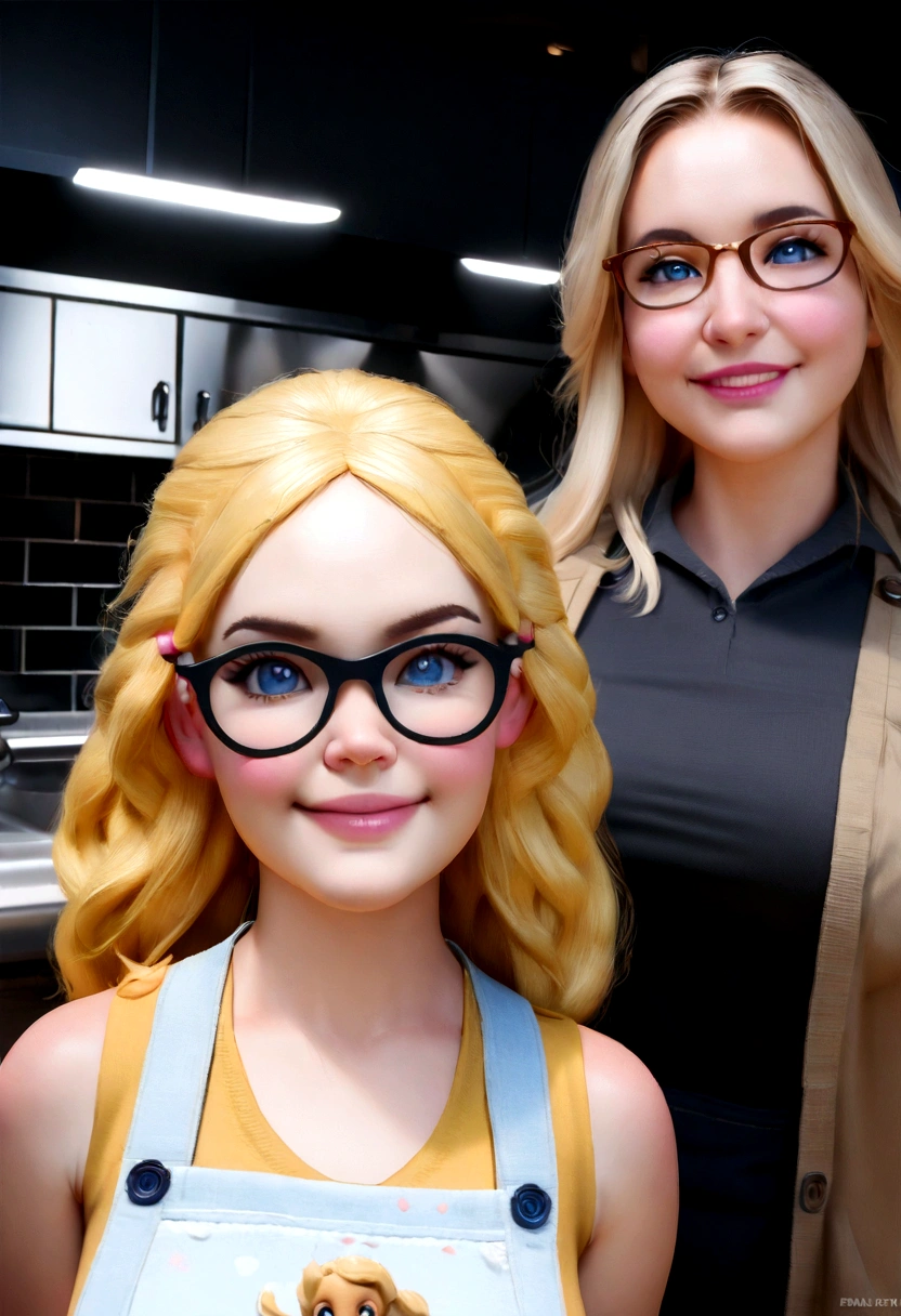 (best qualityer,4K,8K,high resolution,work of art:1.2),ultra detali,(realisitic,photorealisitic,photo-realisitic:1.37),rendered in 3D, Pixar-style, detailed beautiful woman with blue eyes, big blonde hair, Wearing white glasses, Standing in the Kitchen, with an apron written quital casa, Disney-themed makeup, cute, smiling, close-up, Pixar and Disney characters, cinematic lighting
