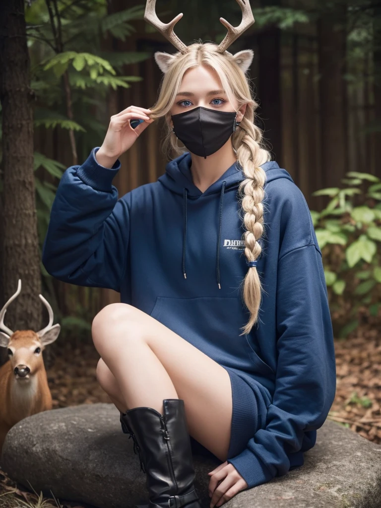 Feminine male with blonde hair in a braid, blue eyes, deer skull mask, black scelras, earrings, blue hoodie and black shorts with brown boots