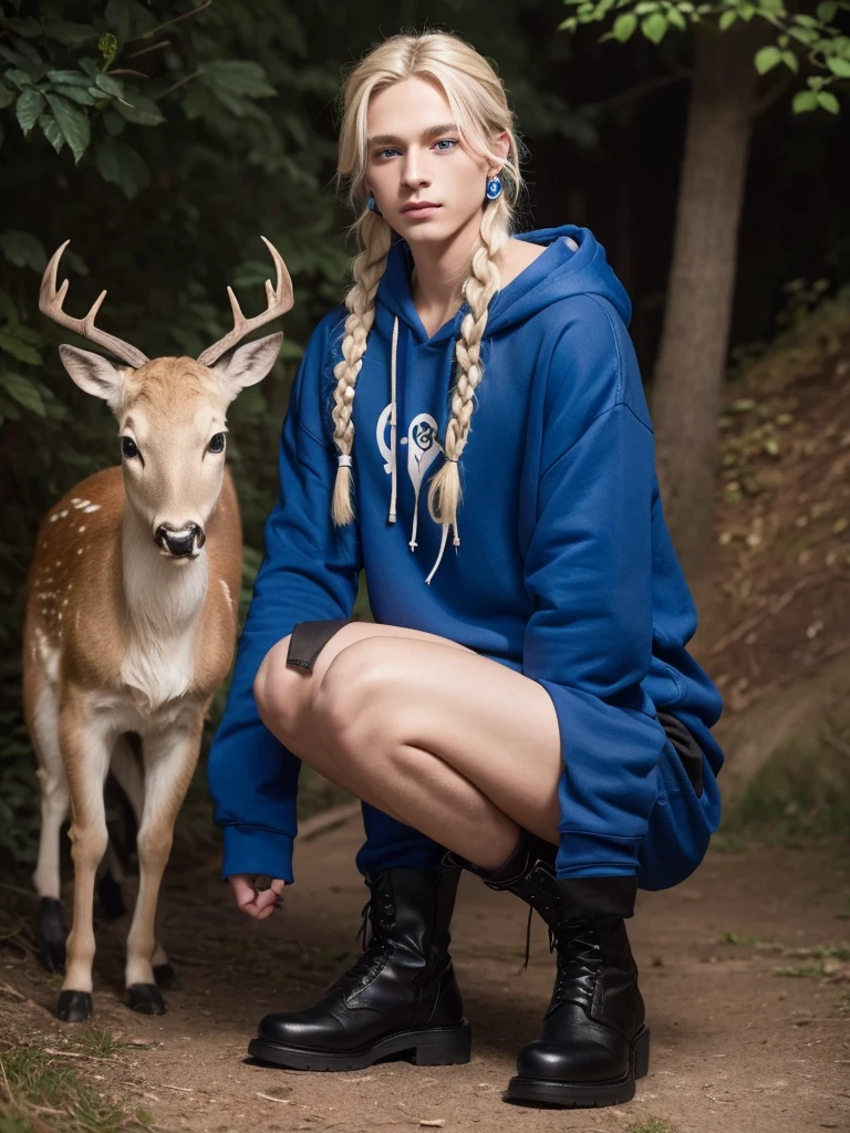 Feminine male with blonde hair in a braid, blue eyes, deer skull mask, black scelras, earrings, blue hoodie and black shorts with brown boots