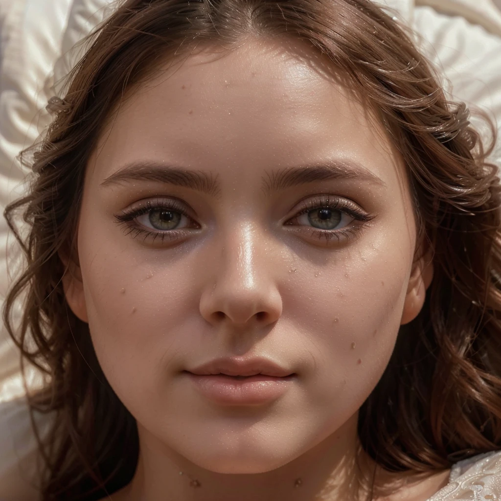 a beautiful woman lying on a bed, close-up portrait, extremely detailed face, beautiful eyes, long eyelashes, delicate lips, flawless skin, serene expression, soft natural lighting, pastel color palette, cinematic composition, photorealistic, 4K, (best quality,4k,8k,highres,masterpiece:1.2),ultra-detailed,(realistic,photorealistic,photo-realistic:1.37)