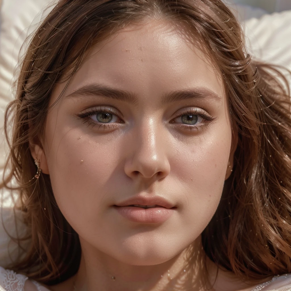 a beautiful woman lying on a bed, close-up portrait, extremely detailed face, beautiful eyes, long eyelashes, delicate lips, flawless skin, serene expression, soft natural lighting, pastel color palette, cinematic composition, photorealistic, 4K, (best quality,4k,8k,highres,masterpiece:1.2),ultra-detailed,(realistic,photorealistic,photo-realistic:1.37)