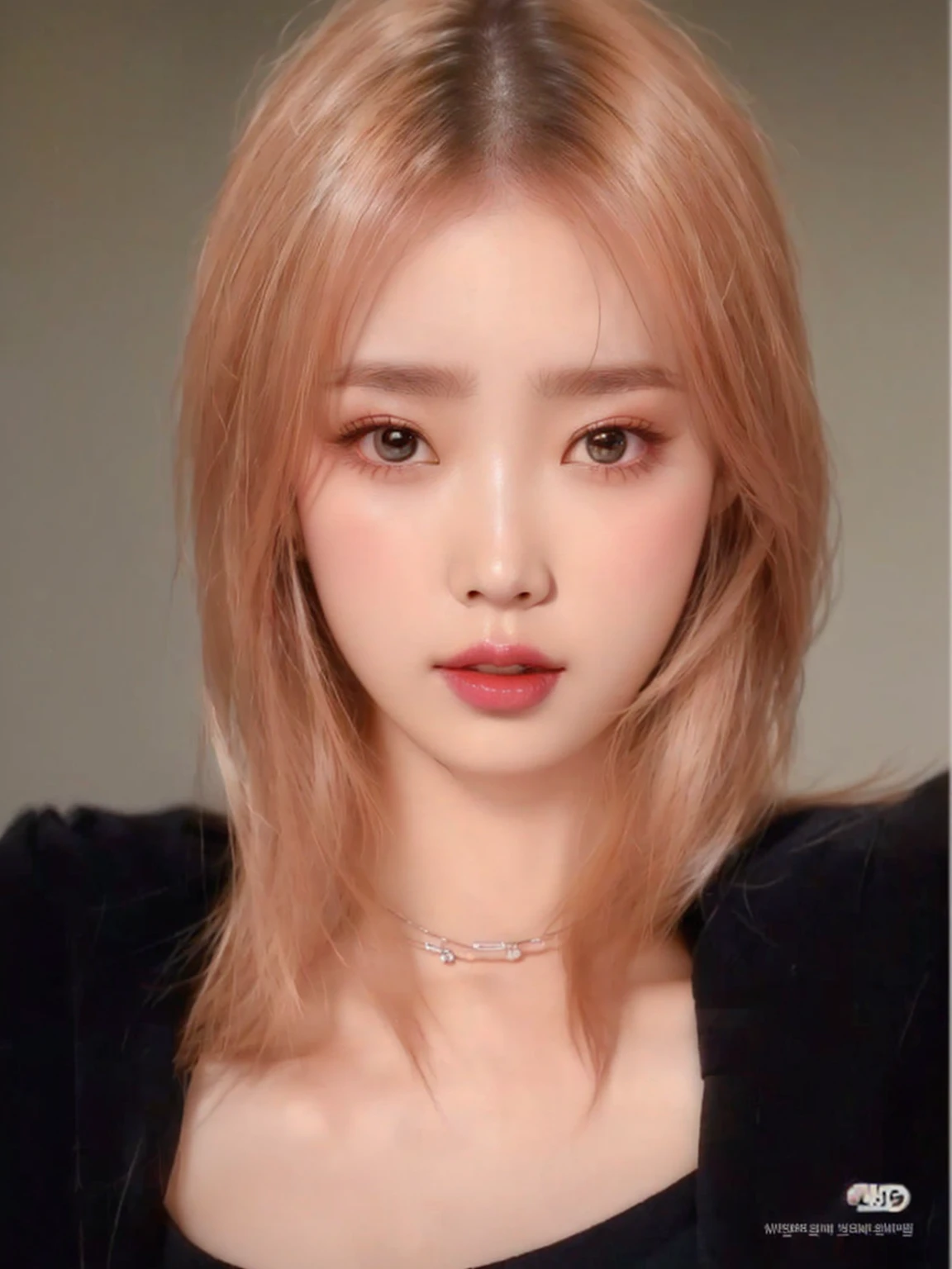 a woman with a necklace and a black top posing for a picture, popular south korean makeup, popular korean makeup, roseanne park of blackpink, korean symmetrical face, with round face, with short hair, ulzzang, portrait of jossi of blackpink, korean girl, lalisa manobal, the hime cut, beautiful south korean woman, white hime cut hairstyle