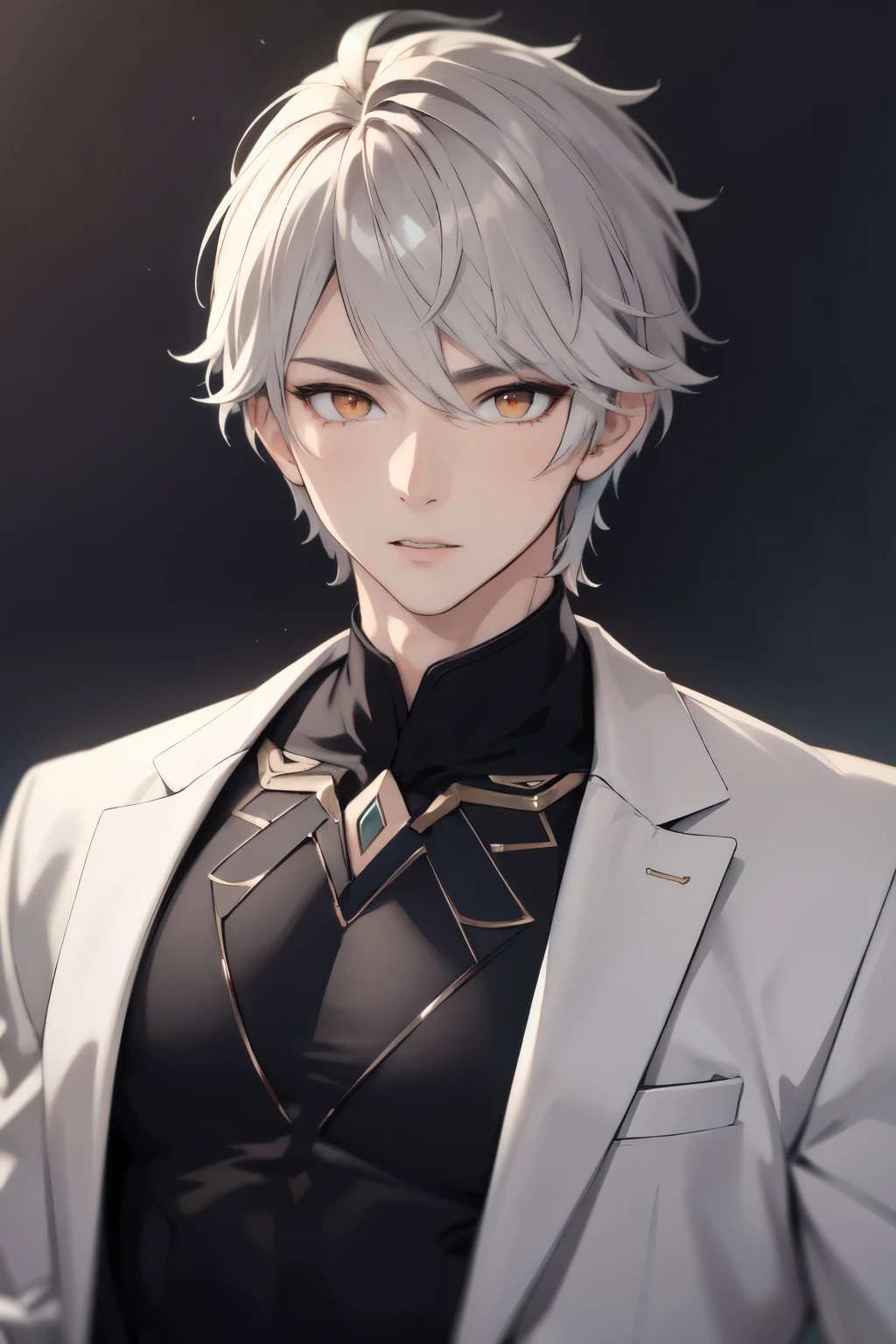 ((best quality)), ((masterpiece)), (detailed), handsome young adult male, short white hair, detailed and well-proportioned orange eyes, orange eyes, wearing a suit, full length portrait