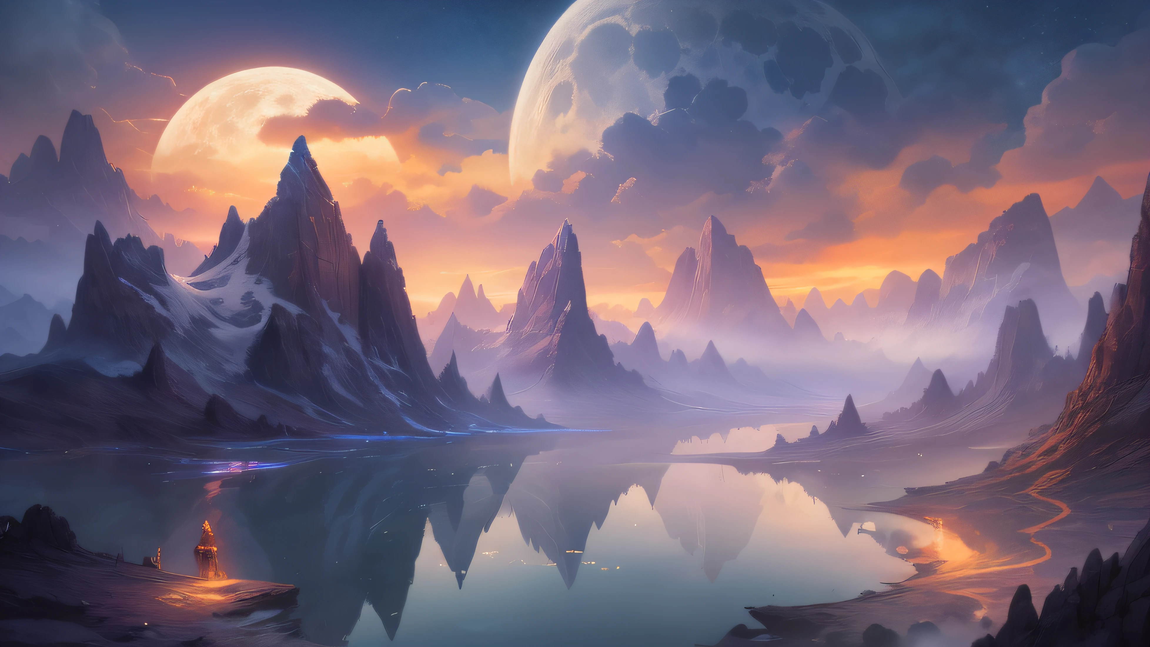 (increased: 1.1), mountains and lake with moon in the sky, Highly detailed 4K digital art, 4k HD highly detailed wallpapers, stunning fantasy landscape, sci-fi fantasy desktop wallpaper, unreal engine 4k wallpaper, Detailed 4k digital art, Sci-fi fantasy wallpapers, Epic fairytale fantasy landscape, 4k HD matte digital painting, 8k amazing art