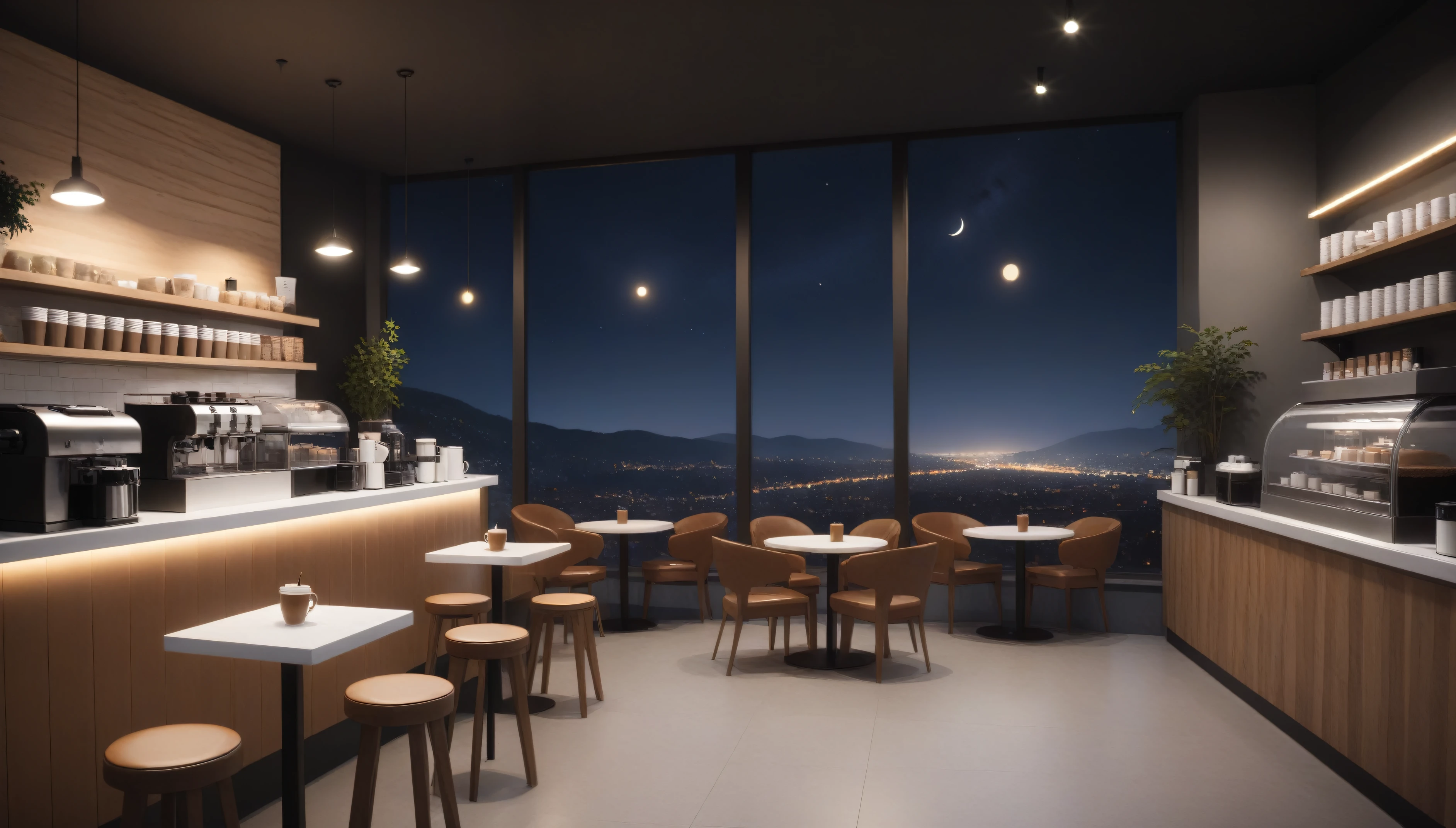 At night frontal shot coffee shop interior tables with coffee cups and a big window in the center