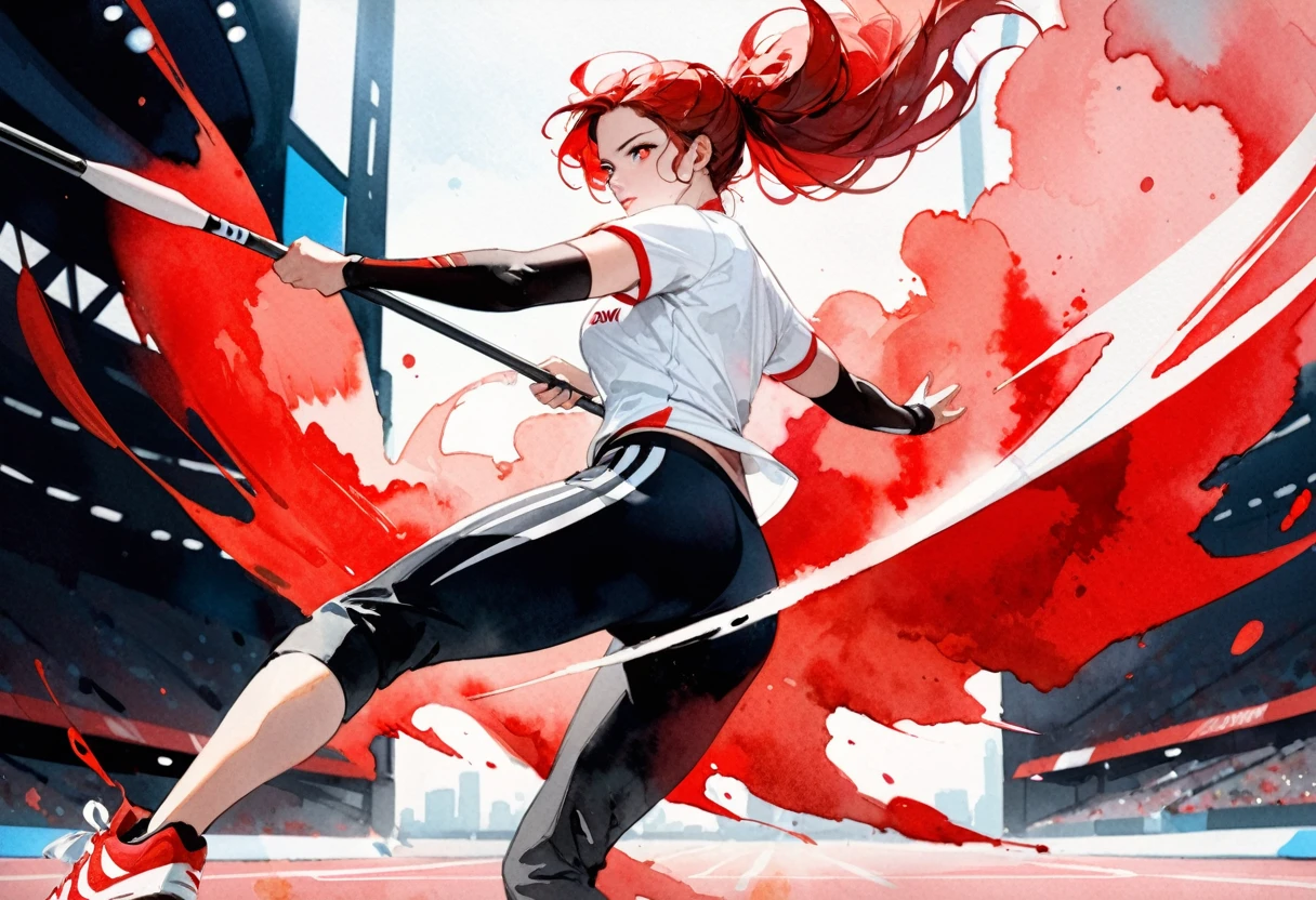 (( a black and white and red watercolor art: 1.5)) a watercolor portrait of woman throwing javelin in the Olympics, a woman, dynamic hair color, dynamic hair style, (most beautiful face: 1.3), (ultra detailed face: 1.4), ((holding javelin ready to throw: 1.5)),   ((wearing athletic shirt, pants and sneakers: 1.2)), ibrant, Ultra-high resolution, High Contrast, (masterpiece:1.5), highest quality, Best aesthetics), best details, best quality, highres, 16k, [ultra detailed], masterpiece, best quality, (extremely detailed), Cinematic Hollywood Film, watercolor