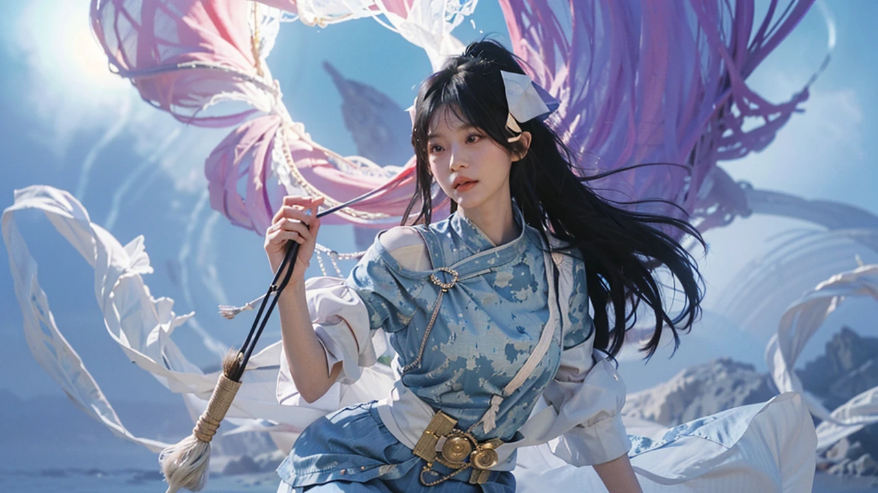 Temperament girl, big breasts, narrow waist delicate facial features, bangs, blue ponytail, messy hair, hair is very realistic, wearing a short-sleeved blue shirt, the background is the sky, sea view, Du Qiong, exquisite makeup, light red lips, big eyes, double eyelids, black holes, bright eyes, symmetrical face, face is very real, meticulously portrayed the girl's face, blush, super high value, looking at the audience, very realistic skin, skin oil reflection, artwork, clothes with real fabric texture, realistic painting, Cinematic style, photography level, ray tracing, realistic light and shadow effects, realism, masterpiece, like the top photography effect, 8K