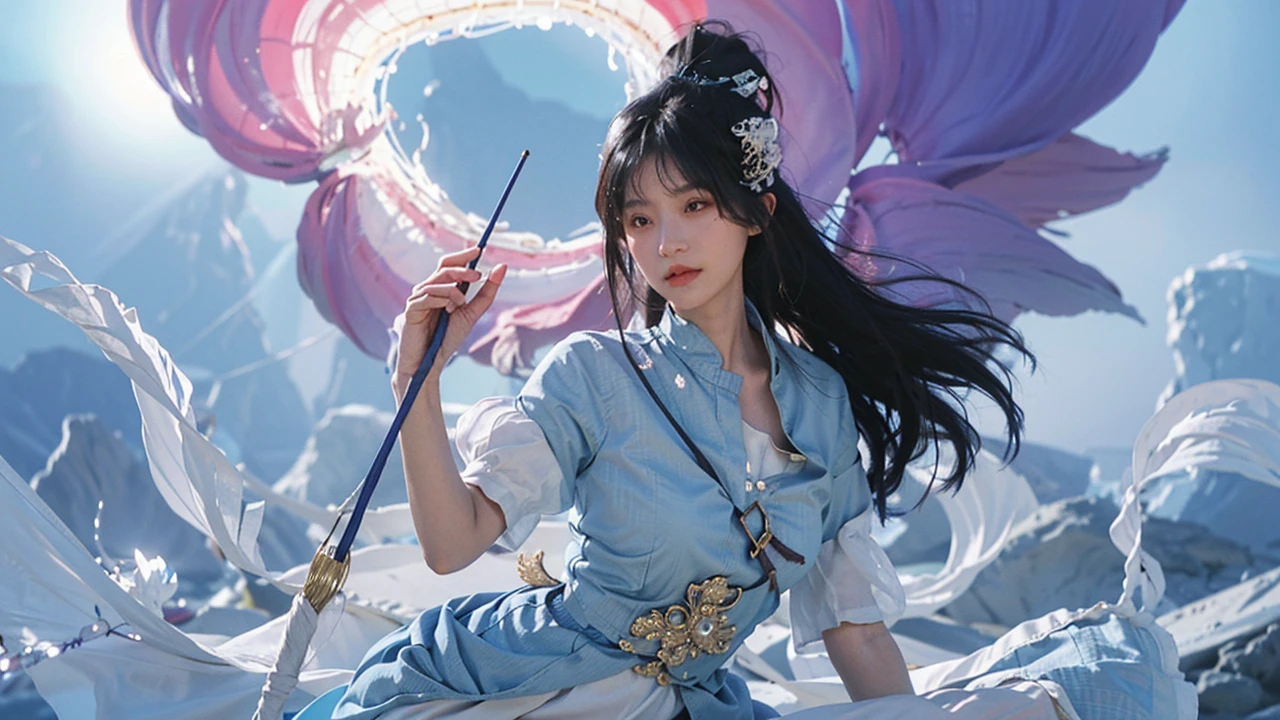Temperament girl, big breasts, narrow waist delicate facial features, bangs, blue ponytail, messy hair, hair is very realistic, wearing a short-sleeved blue shirt, the background is the sky, sea view, Du Qiong, exquisite makeup, light red lips, big eyes, double eyelids, black holes, bright eyes, symmetrical face, face is very real, meticulously portrayed the girl's face, blush, super high value, looking at the audience, very realistic skin, skin oil reflection, artwork, clothes with real fabric texture, realistic painting, Cinematic style, photography level, ray tracing, realistic light and shadow effects, realism, masterpiece, like the top photography effect, 8K