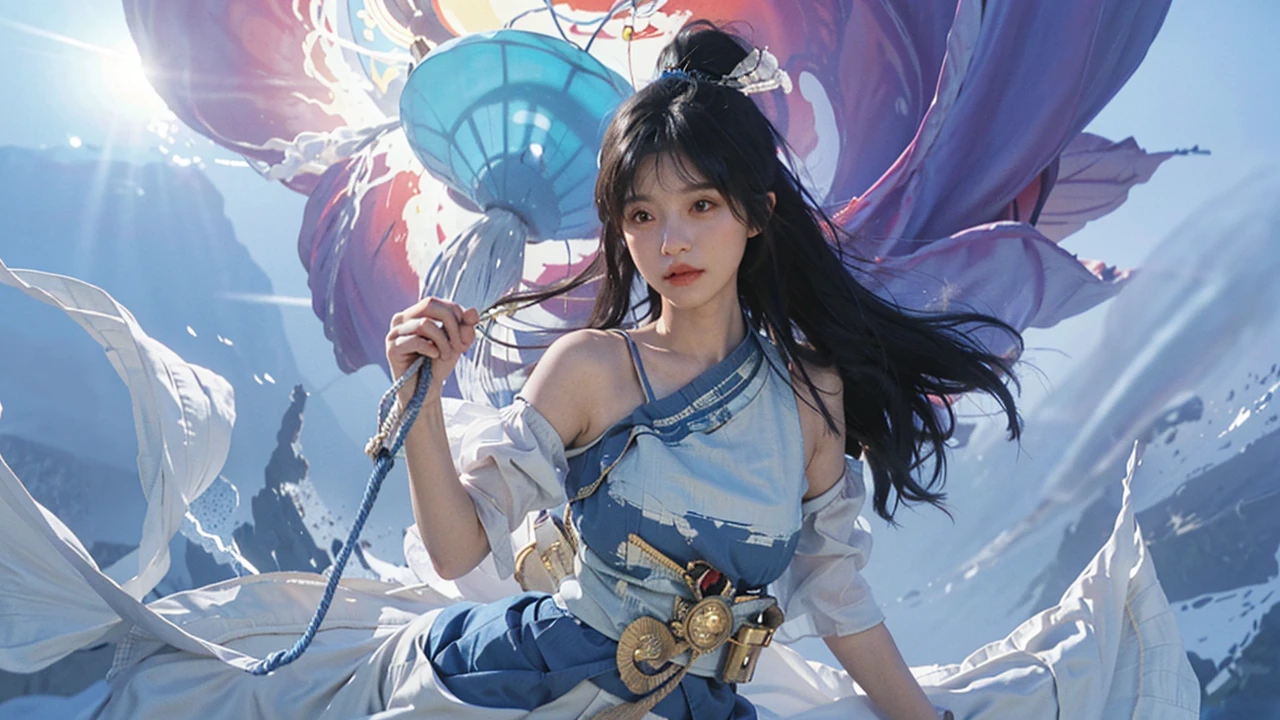 Temperament girl, big breasts, narrow waist delicate facial features, bangs, blue ponytail, messy hair, hair is very realistic, wearing a short-sleeved blue shirt, the background is the sky, sea view, Du Qiong, exquisite makeup, light red lips, big eyes, double eyelids, black holes, bright eyes, symmetrical face, face is very real, meticulously portrayed the girl's face, blush, super high value, looking at the audience, very realistic skin, skin oil reflection, artwork, clothes with real fabric texture, realistic painting, Cinematic style, photography level, ray tracing, realistic light and shadow effects, realism, masterpiece, like the top photography effect, 8K