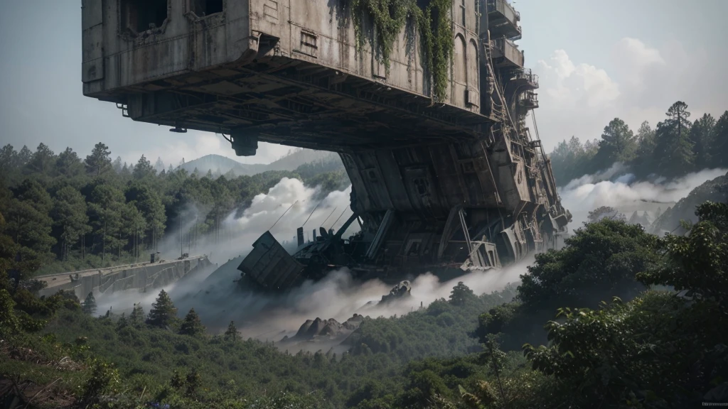 a tunnel  in the middle of a forest with trees and fog in the, stunning vfx, incredible vfx, an intact ancient alien ship, epic cinematic matte painting, alien ship wreck, insanely detailed matte painting, ruined alien structures, from a 2 0 1 9 sci fi 8 k movie, an immense floating castle, destroyed ship, epic and cinematic view, still from a live action movie, abandoned rocket ship, spectacular cinematic scene, aerial footage, very realistic cinematic, hyperrealistic matte painting, very detailed cinematic, highly detailed vfx, drone footage
