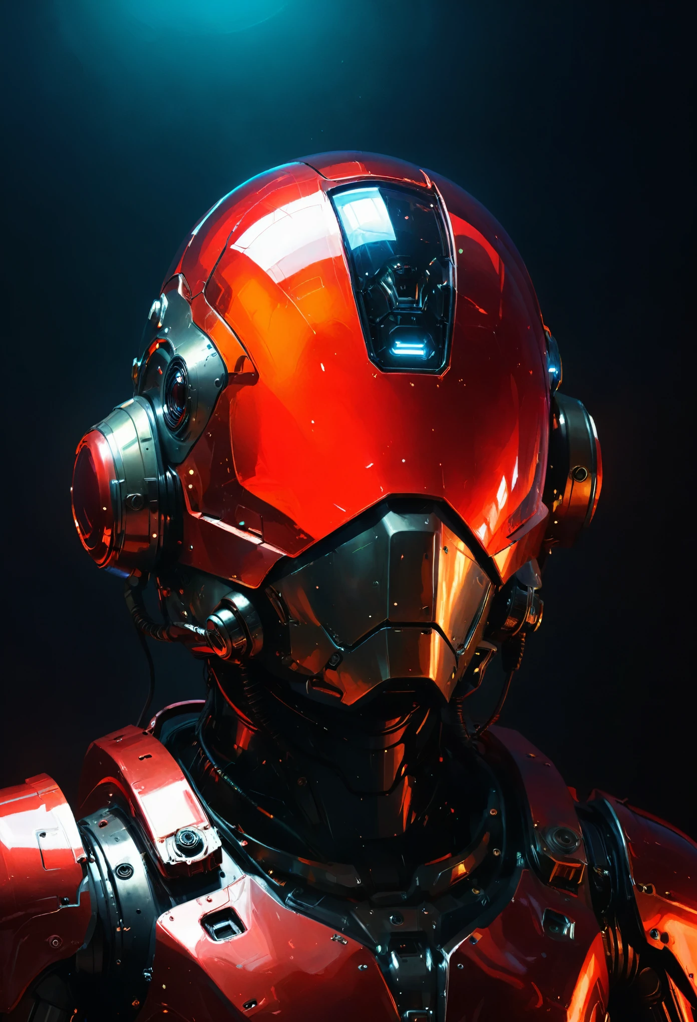 Space art galaxy landscape, concept art, vector, check the detail information, Octane Rendering, Ultra high quality, Ultra-high resolution, painting, drawing by Conrad Roset close up, (detail mechanical eyes:1.5), reflections on helmet a giant robot (glowing red neon glass transparent helmet:1.8), bioluminescence, fluorescent helmet, the robot is aged with moss on its rusty bronze armor, night, moonlight shadows, dramatic lighting, gradient pop surrealism, BREAK Detailed, (darkness:1.3), (very detailed shadows:1.3), absolute shadows, absolute darkness, body silhouette, The robots armor is full of scratches, All shells have lost their reflections, Only a little red light is revealed by the opaque mask, Unreal Engine, Surrealism, high quality