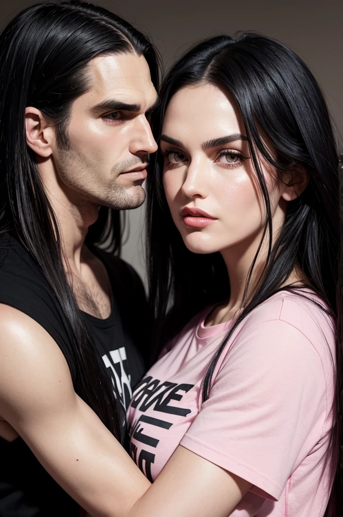 peter steele from type o negative kissing his black haired girlfriend, woman wearing a pink glitter t-shirt