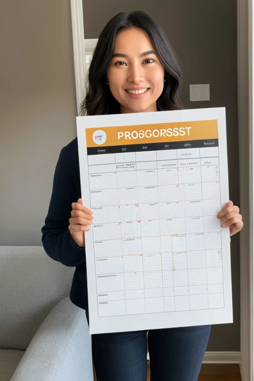 Ultra-realistic image of a person looking proudly at a progress chart.