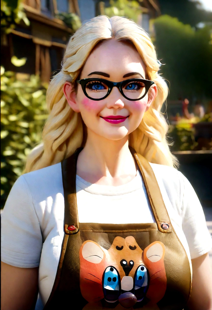 (best qualityer,4K,8K,high resolution,work of art:1.2),ultra detali,(realisitic,photorealisitic,photo-realisitic:1.37),rendered in 3D, Pixar-style, detailed beautiful woman with blue eyes, big blonde hair, Wearing white glasses, standing, with an apron written quital casa, Disney-themed makeup, cute, smiling, close-up, Pixar and Disney characters, cinematic lighting