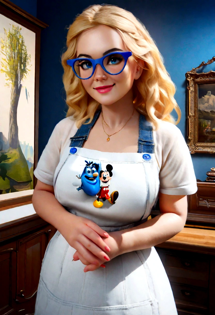 (best qualityer,4K,8K,high resolution,work of art:1.2),ultra detali,(realisitic,photorealisitic,photo-realisitic:1.37),rendered in 3D, Pixar-style, detailed beautiful woman with blue eyes, big blonde hair, Wearing white glasses, standing, with an apron written quital casa, Disney-themed makeup, cute, smiling, close-up, Pixar and Disney characters, cinematic lighting
