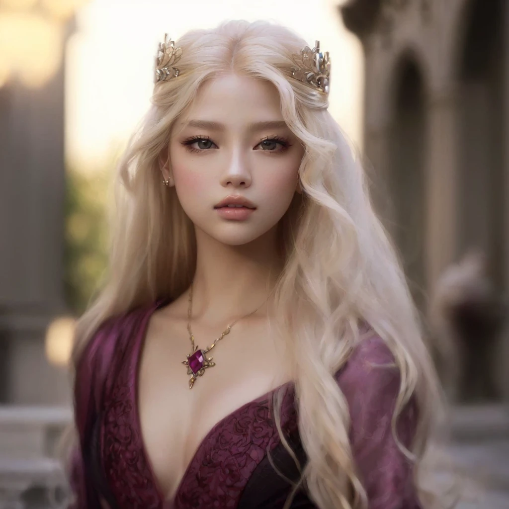 A close-up of a woman with long blonde hair wearing a crown, blonde empress, jennie blackpink, beautiful and elegant queen, beautiful princess, hyperrealistic fantasy art, very beautiful top model , Portrait of a , blonde hair princess, as a medieval fantasy character, beautiful fantasy art portrait, rostro de Jennie de blackpink, jennie blackpink, cara de jennie blackpink