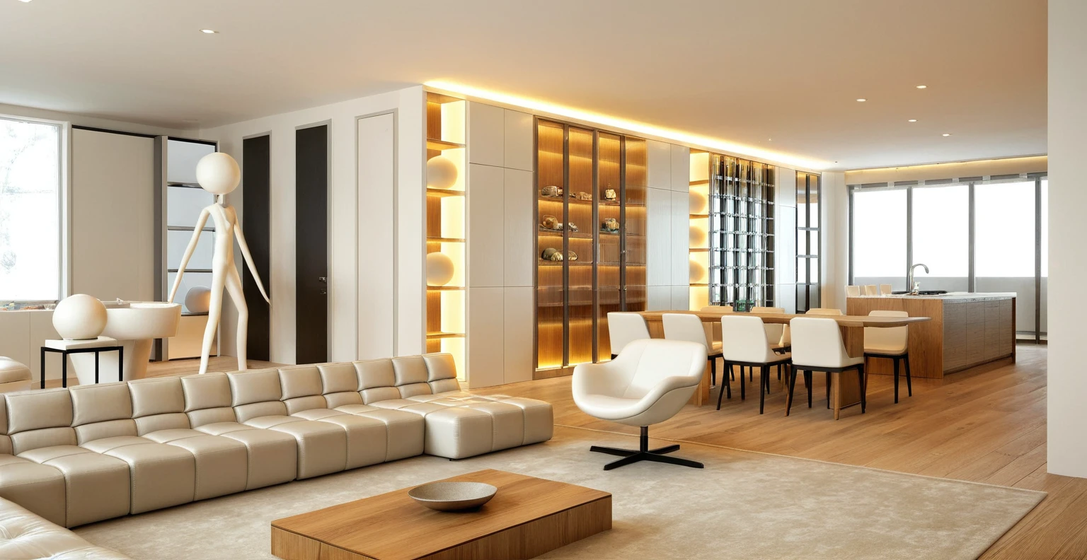 Interior Design, (modern interior space), (modern furniture design), (space that realistically describes the modern interior of a townhouse), (design decor interior space), (soft warm led light), (circle spotlight), (indoor), (neutral white tone color), (white wall), (An Cuong Wooden Furniture minimalist Style), (An Cuong wood with MDF surface glued with melamine coating), (architectural design visualization), (reflection), (focus on object), (material normal bump real reflection), (multi-level reflection), (chao vantage software visualization render),(((Best Quality))), ((Masterpiece)), ((best illustration)), ((best shadows)), (( Super Detail)), (Intricate lines), (Photorealism),(hyper detail), ((archdaily)), ((award winning design)), (dynamic light), ((spotlight)), (perfect light), ( shimering light), ((photorealistic)), ((intricate detail)), ((extreme detail)), ((crazy detail)), ((octane render)), ((trending on artstation)), ((High- fidelity)), ((Viwvid)), ((Crisp)), ((Bright)), ((Stunning)), ((Eye-catching)), ((High-quality)),((Sharp)), ((day sun environment)), ((Illuminating)), ((Flawless)), ((High-quality)),((Sharp edge render)), ((medium soft lighting)), ((photographic render)) , ((detailed archviz)), ((reality environment))