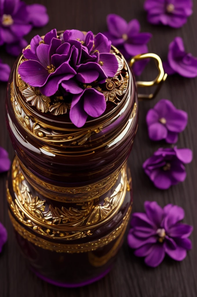 a highly detailed realistic chocolate bottle, beautiful purple flowers, red and gold in the bottle, Elegant and luxurious, photorealistic, 8K, ultra-detailed, head of&#39;artwork