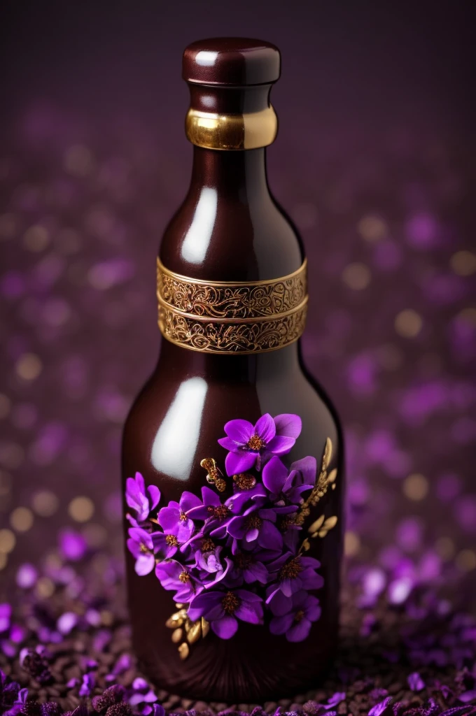 a highly detailed realistic chocolate bottle, beautiful purple flowers, red and gold in the bottle, Elegant and luxurious, photorealistic, 8K, ultra-detailed, head of'artwork