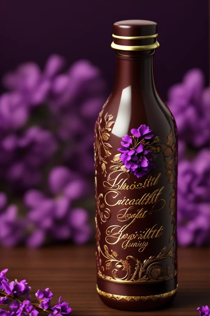 a highly detailed realistic chocolate bottle, beautiful purple flowers, red and gold in the bottle, Elegant and luxurious, photorealistic, 8K, ultra-detailed, head of&#39;artwork