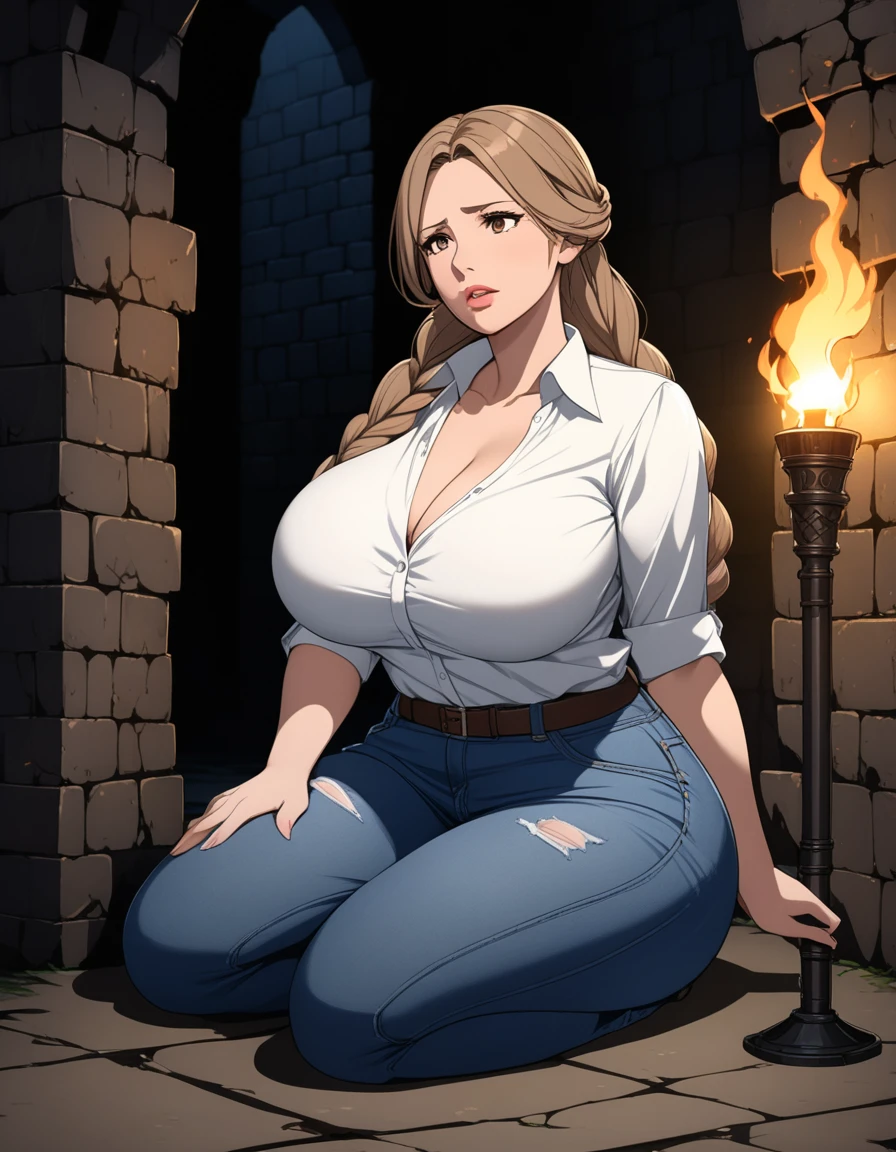 Masterpiece, hi res, absurdres, Best Quality, 4K, detailed, HD, solo, mature female, Mature face, late 30s, long braided hair, ligth Brown hair, huge breasts, saggy breasts, prominent lips, thick,, curvy, sitting in ground, hands on floor, white blouse,jeans, worried look, confused look, dungeon, ruined dungeon, dimly lit, torches