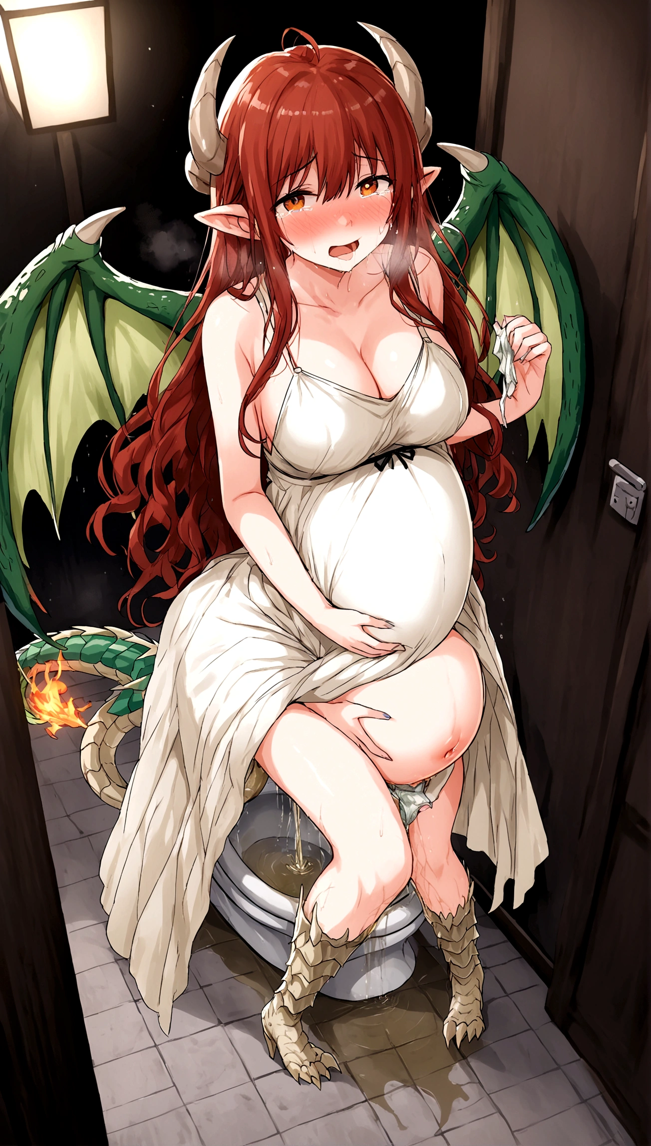 Anime. 1 Girl. Cutie. The girl is a dragon. Red hair. Long hair. Amber eyes. Beautiful eyes. Perfect eyes. Expressive eyes. Ideal face. Ideal anatomical body. Dragon horns. Scaly hands. Clawed hands. Long legs. Scaly legs. Clawed feet. Dragon wings. Dragon tail. tail. Dressed in an evening dress. High heel shoes. Beautiful body. Beautiful nose. 18 years. Medium breasts. Pregnant. Period. Holding dirty panties in his hands. The crotch is covered in blood. Her water broke. Embarrassment. Blush. Beautiful character design. Shiny skin. She wants to sneeze. She needs to sneeze. She has a strong, desperate urge to sneeze. Fire breath. She sneezes. She sneezes with fiery breath. Runny nose. Mucus from the nose. Snot. Slpli is running from the nose. Blows his nose. He wipes his nose with his dirty underpants. She wants to pee. She needs to pee. She has a strong, desperate urge to pee. She described. Tears on eyes. Cry. Snot flows from the nose. City. Street. Restaurant. Heading to the toilet. Standing at the door to the toilet. Waiting for it to cool down. Whole body. nsfw. Official art. Extremely detailed CG Unity 8k wallpaper. Ideal lighting. Ultra high resolution 4K. Super detailed 8K. A high resolution.