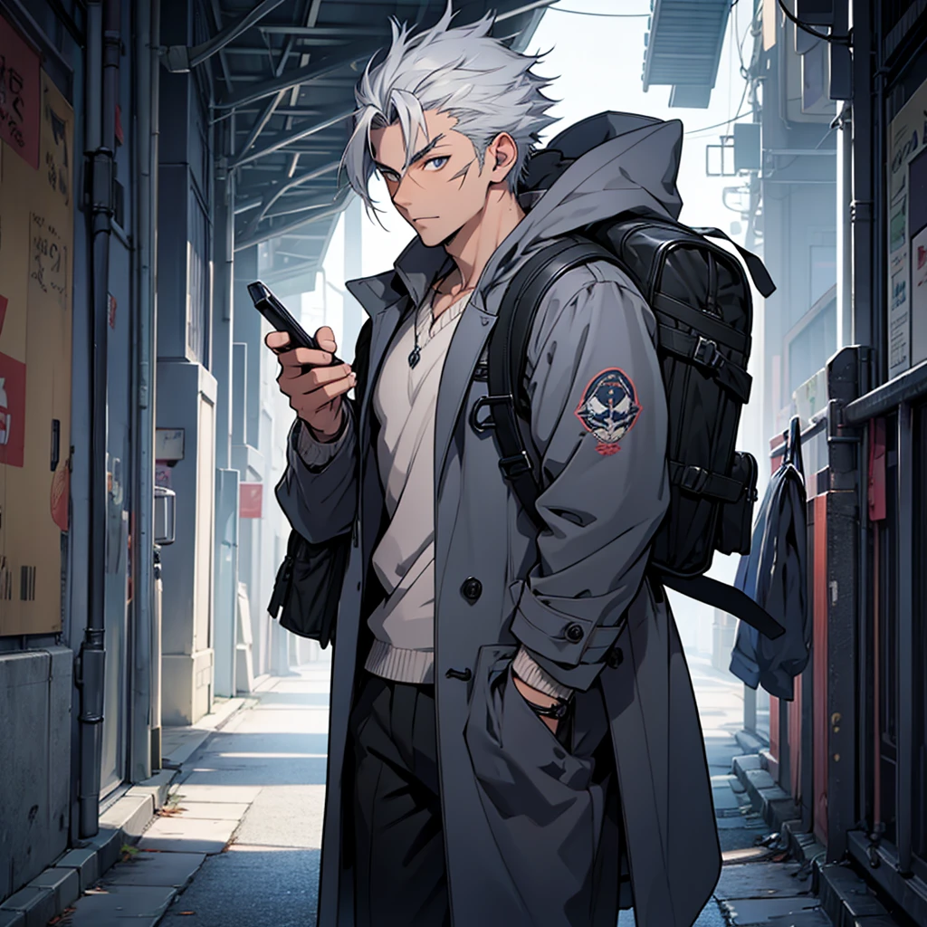 naughty man, age 25, gray eyes, skin fair, scars, shorth hair, dark blue overcoat, black backpack, anime styling