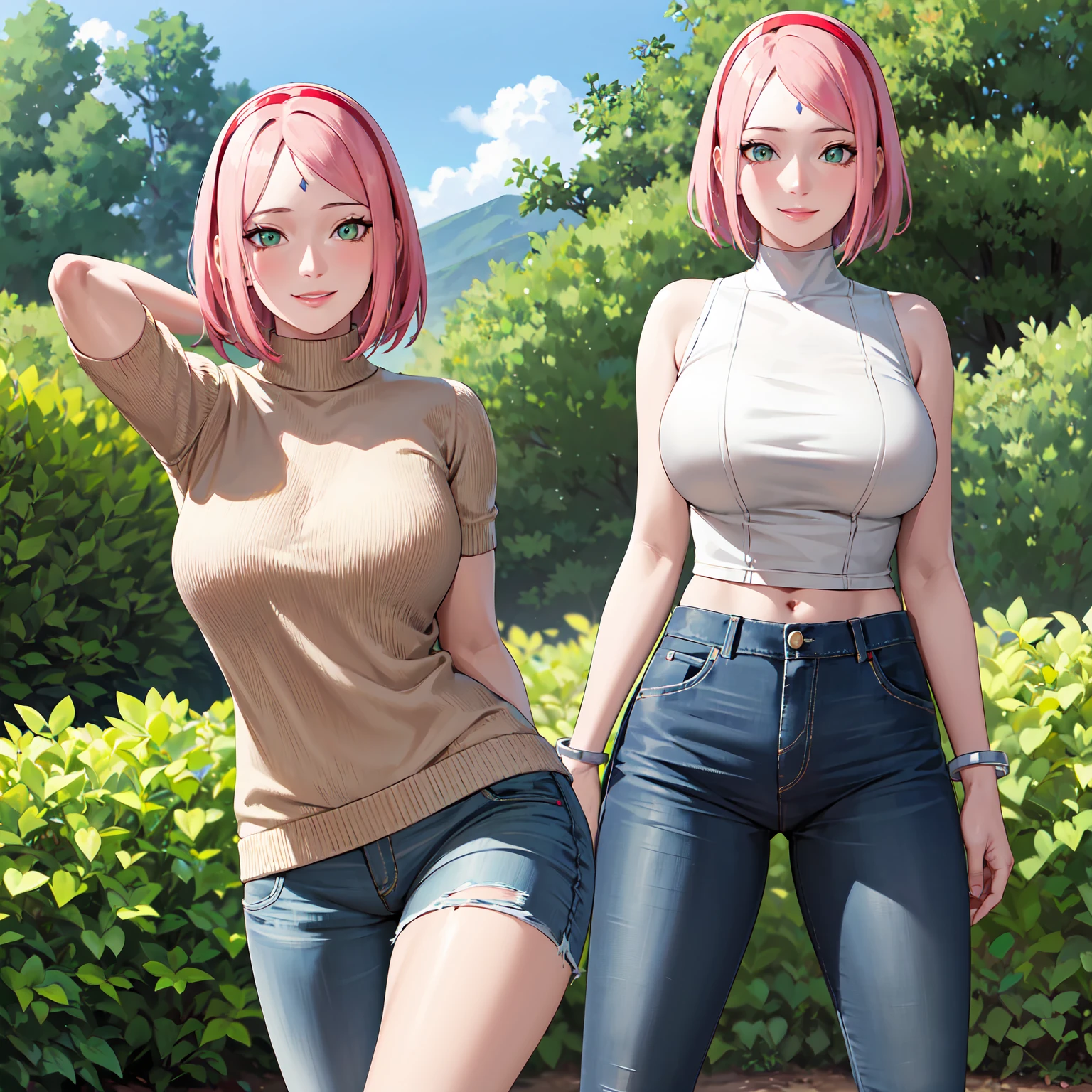 masterpiece, best quality,sharpness,absurdres ,1girl, haruno sakura,forehead mark, red hairband,(knitted sweater,cargopants:1),micro ripped denim shorts, bracelet, looking at viewer, (arms behind head:1.1), smile,, middle large breasts,standing in a garden,arms behind back,closeup,only upperbody