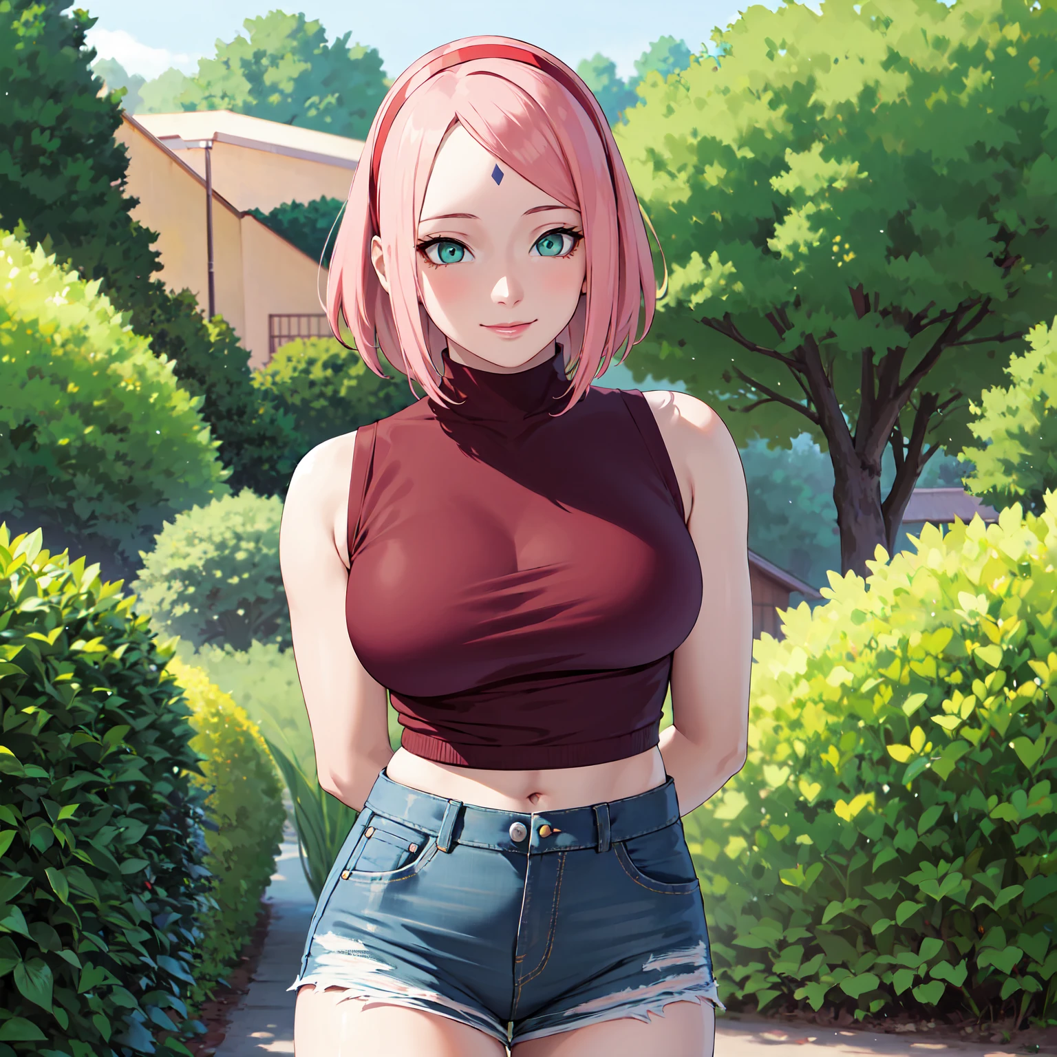 masterpiece, best quality,sharpness,absurdres ,1girl, haruno sakura,forehead mark, red hairband,(knitted sweater,cargopants:1),micro ripped denim shorts, bracelet, looking at viewer, (arms behind head:1.1), smile,, middle large breasts,standing in a garden,arms behind back,closeup,only upperbody