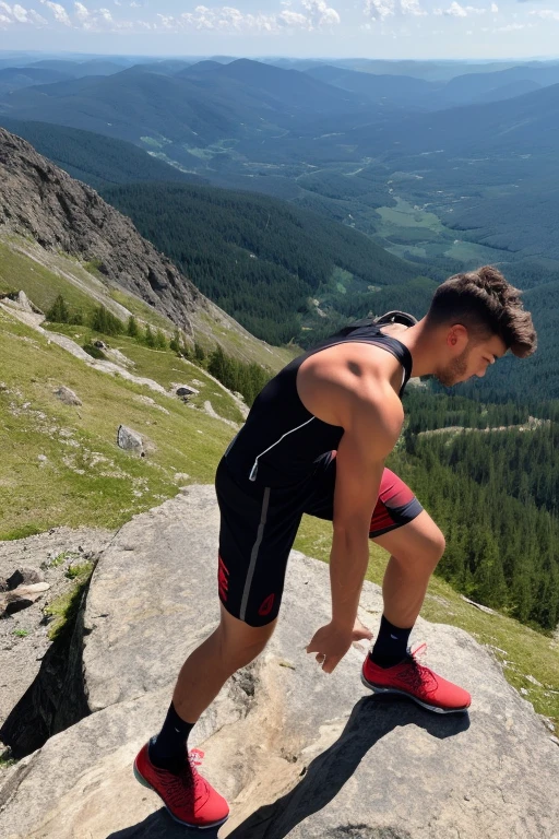 Ultra-realistic image of a person on top of a mountain in an overcoming pose.