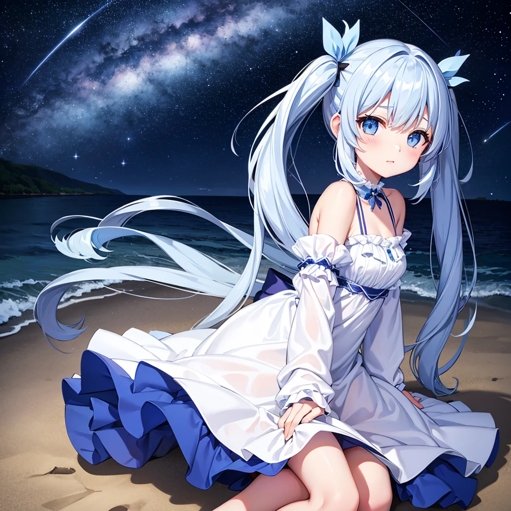 Night sky beach、Moonlit Night、milky way、Lots of shooting stars、Light blue long hair、Beautiful girl with twin tails、White long dress、Face Highlights
